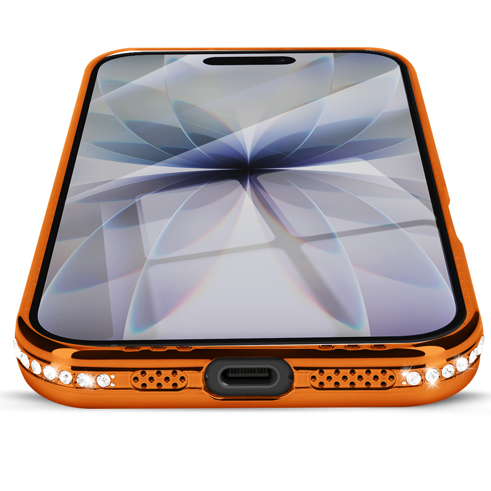 Une coque de téléphone orange avec des strass. L'écran affiche un design abstrait réfléchissant. Fond blanc.