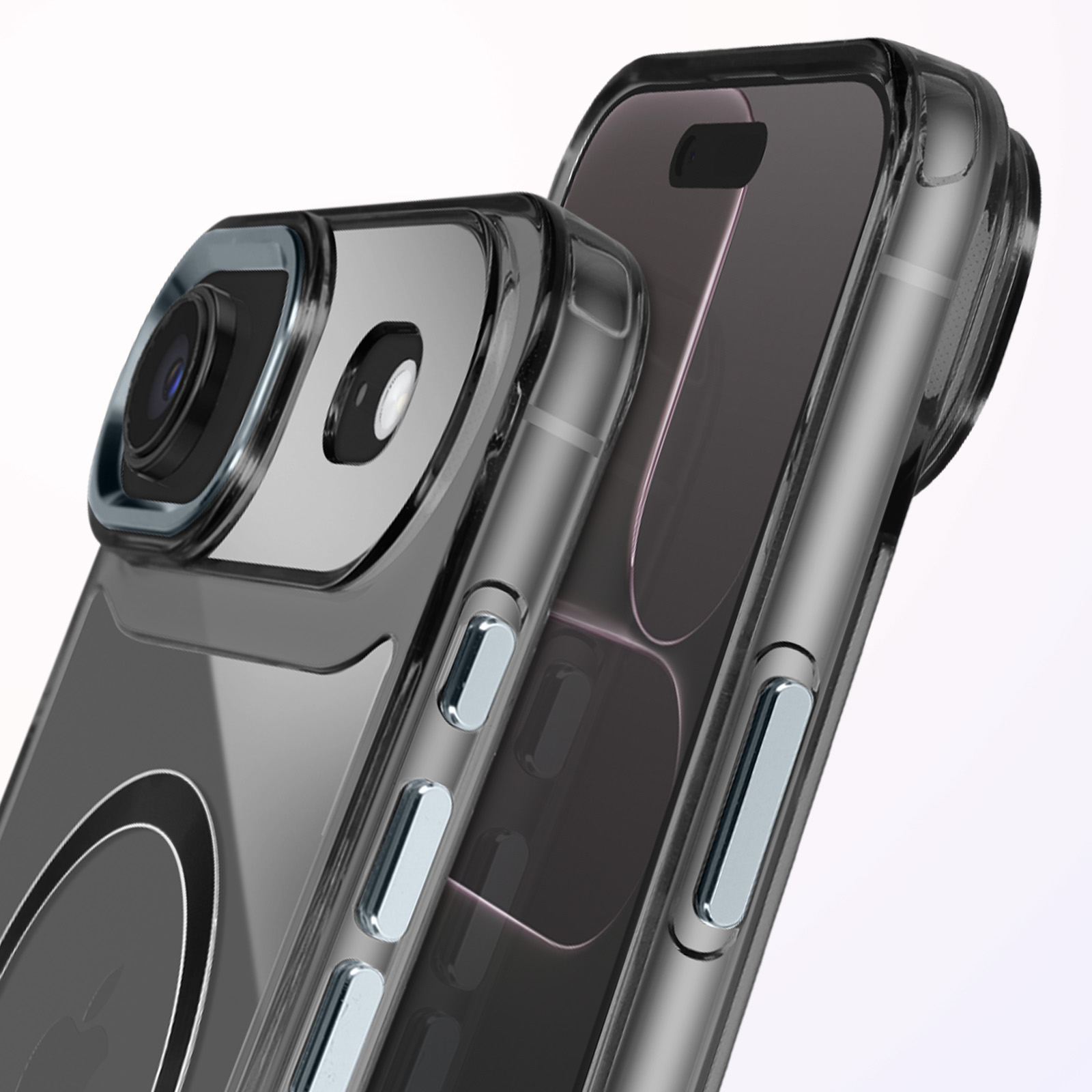 Twee doorzichtige telefoonhoesjes, één met cameralens en knoppen zichtbaar. Ze zijn schuin geplaatst met een witte achtergrond.