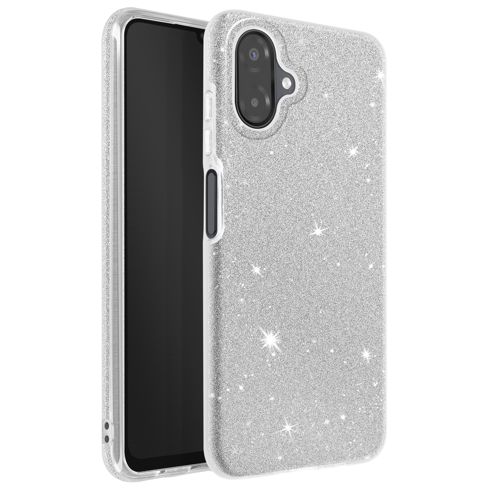 Un étui de téléphone argenté à paillettes avec écran noir est affiché sur fond blanc.