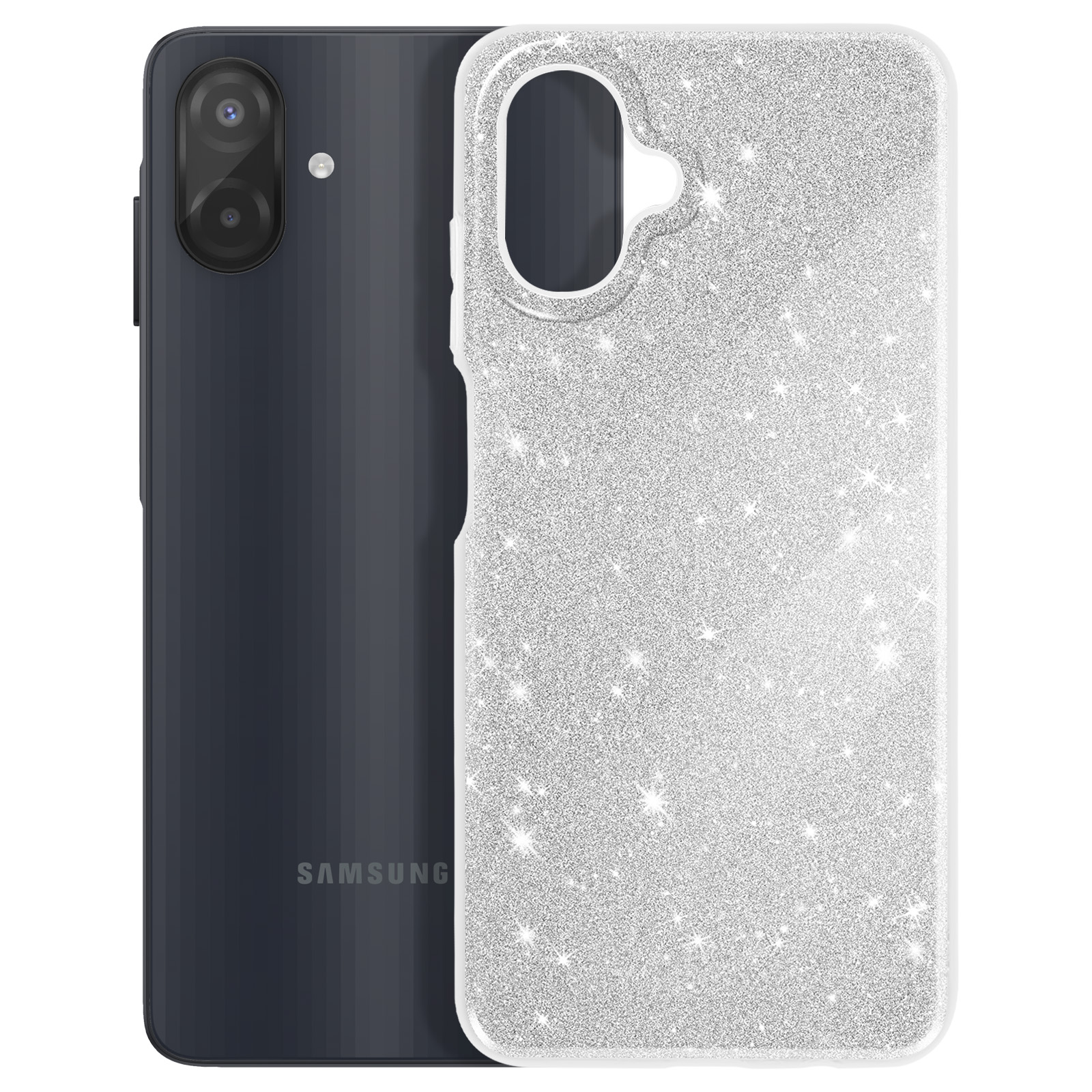 Un téléphone Samsung sombre avec une coque argentée scintillante. L'étui a une découpe pour l'appareil photo et le flash.