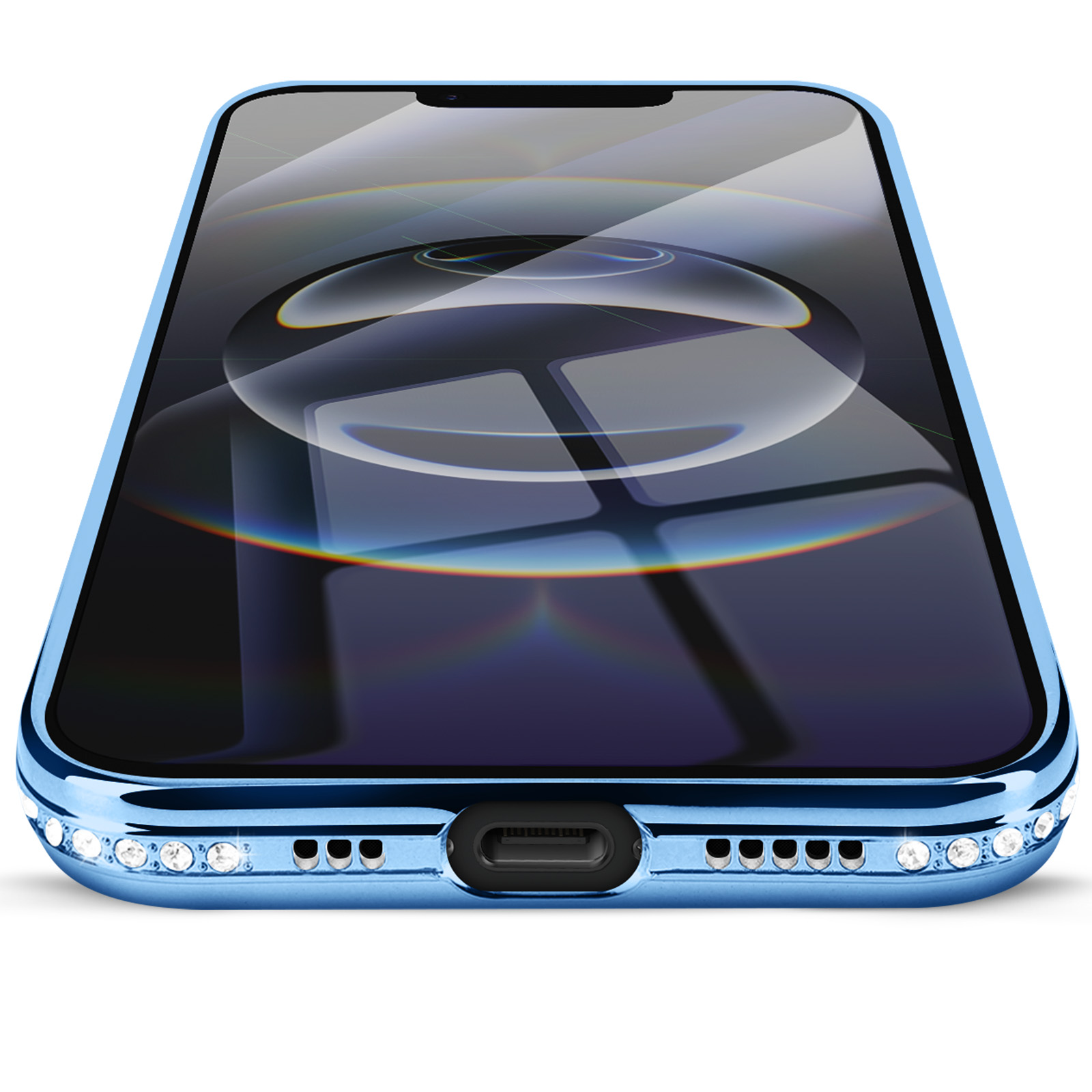 Een blauwe smartphone met een reflecterend scherm en een decoratieve onderrand met kleine edelstenen. De achtergrond is wit.