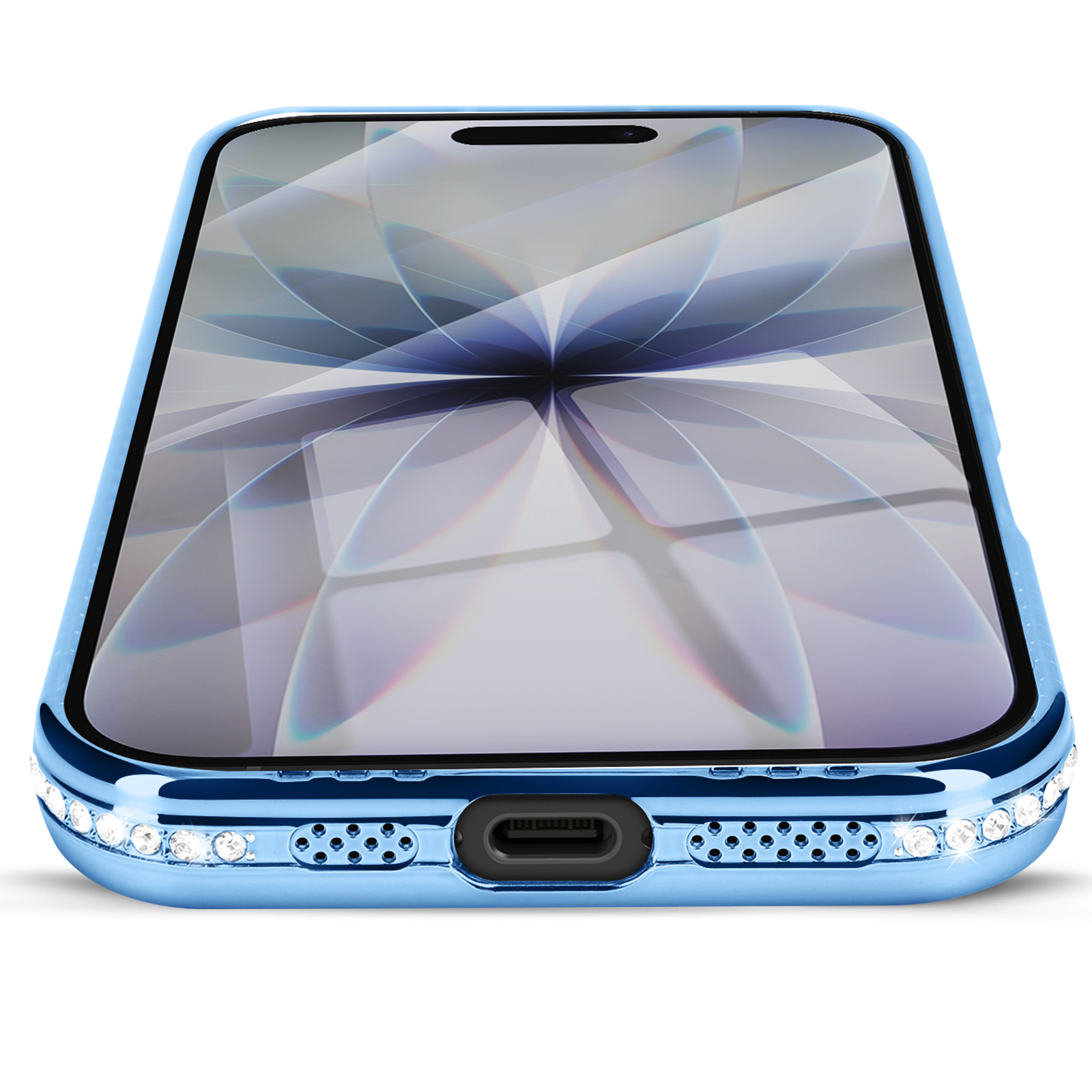 Une coque de téléphone bleue avec un écran affichant un motif blanc et gris. L'étui a des strass et un port de charge.
