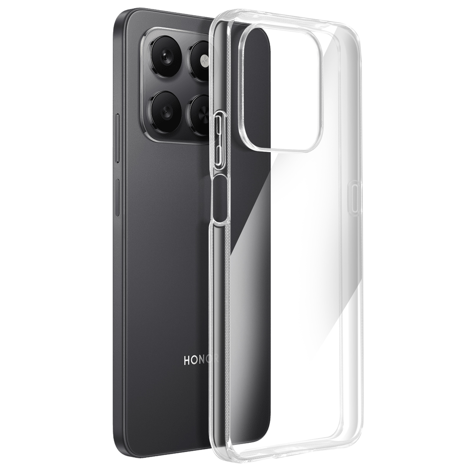 Uno smartphone nero con una custodia protettiva trasparente. Il telefono ha quattro obiettivi. La custodia è trasparente.