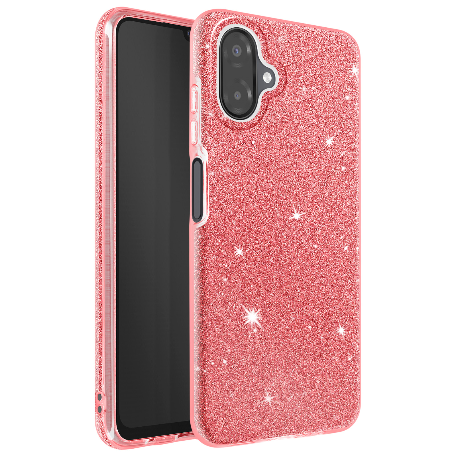 Roze glitter telefoonhoesje met een zwart scherm erin. De hoes heeft een camera-uitsparing en glitters.