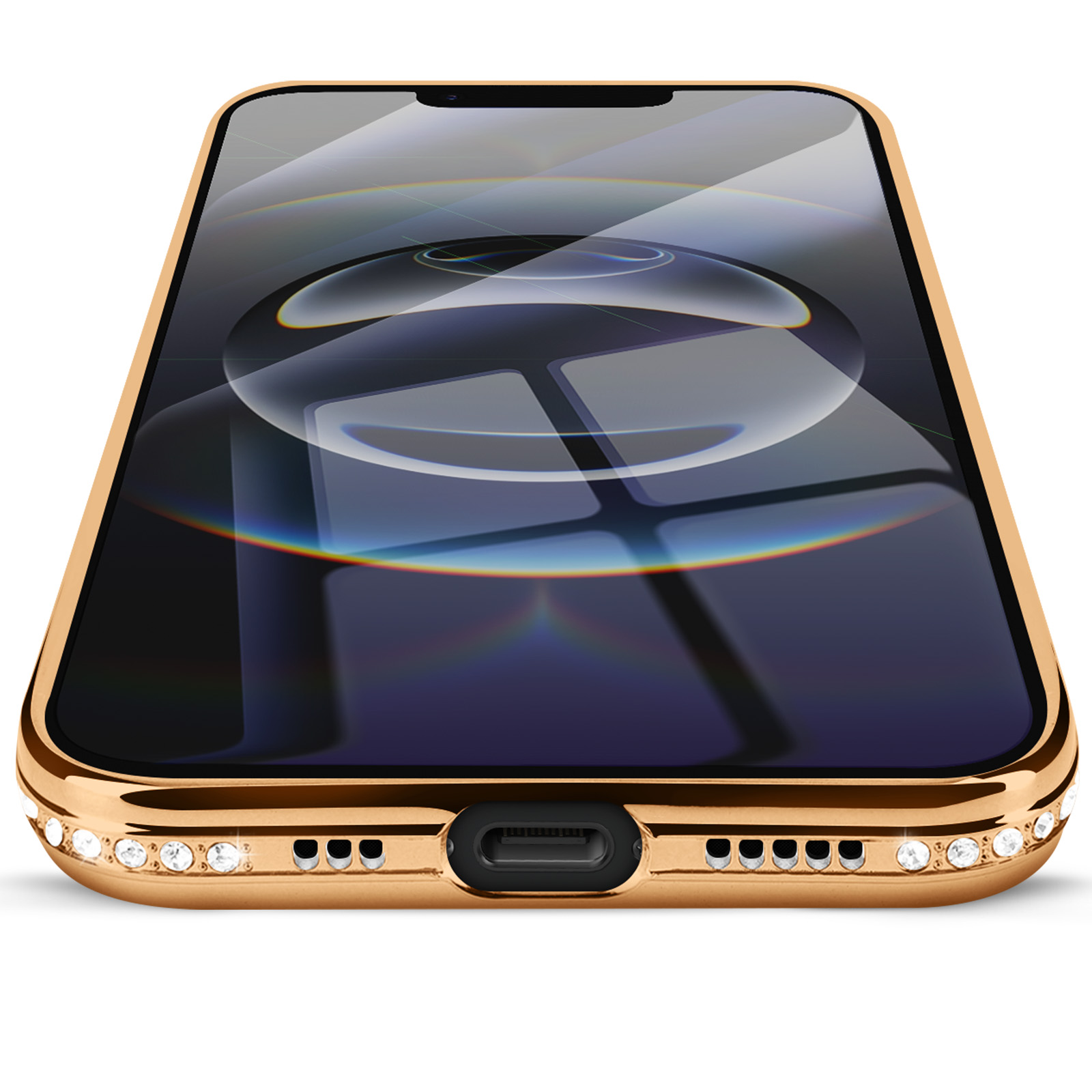 Een gouden iPhone wordt in een hoek getoond. De telefoon heeft een gouden hoes met diamanten aan de onderkant en staat op een witte achtergrond.