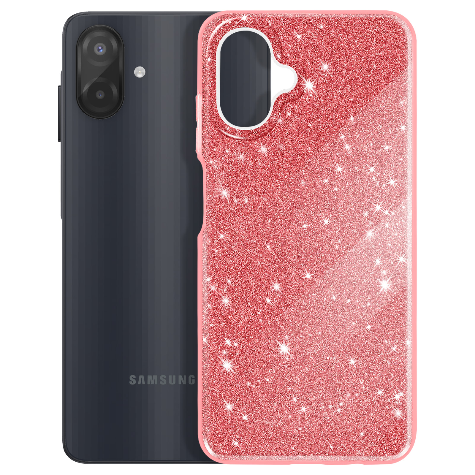 Een telefoon en een roze glinsterende telefoonhoes. De telefoon is donkergrijs, de hoes glinstert.