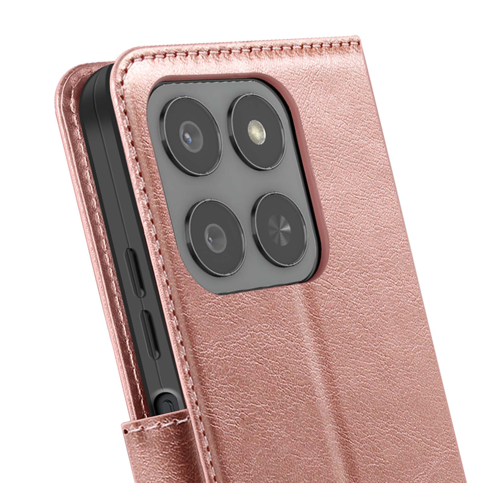 Roségouden telefoonhoesje, leerachtige textuur, met vier zichtbare cameralenzen. De zijkant van de telefoon is zwart.