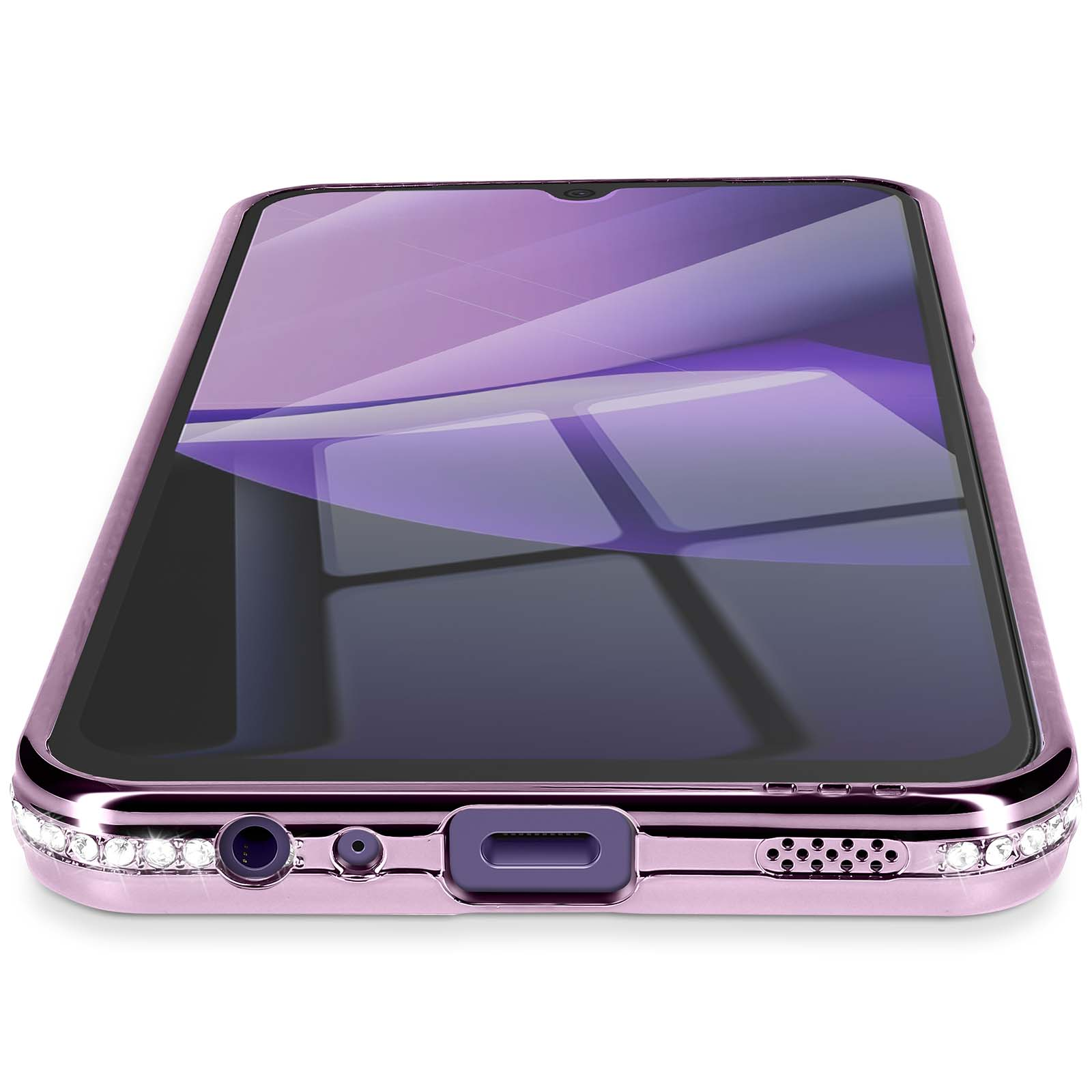 Een close-up van een roze telefoonhoesje met een paars scherm. De hoes heeft strass-steentjes en een luidspreker.