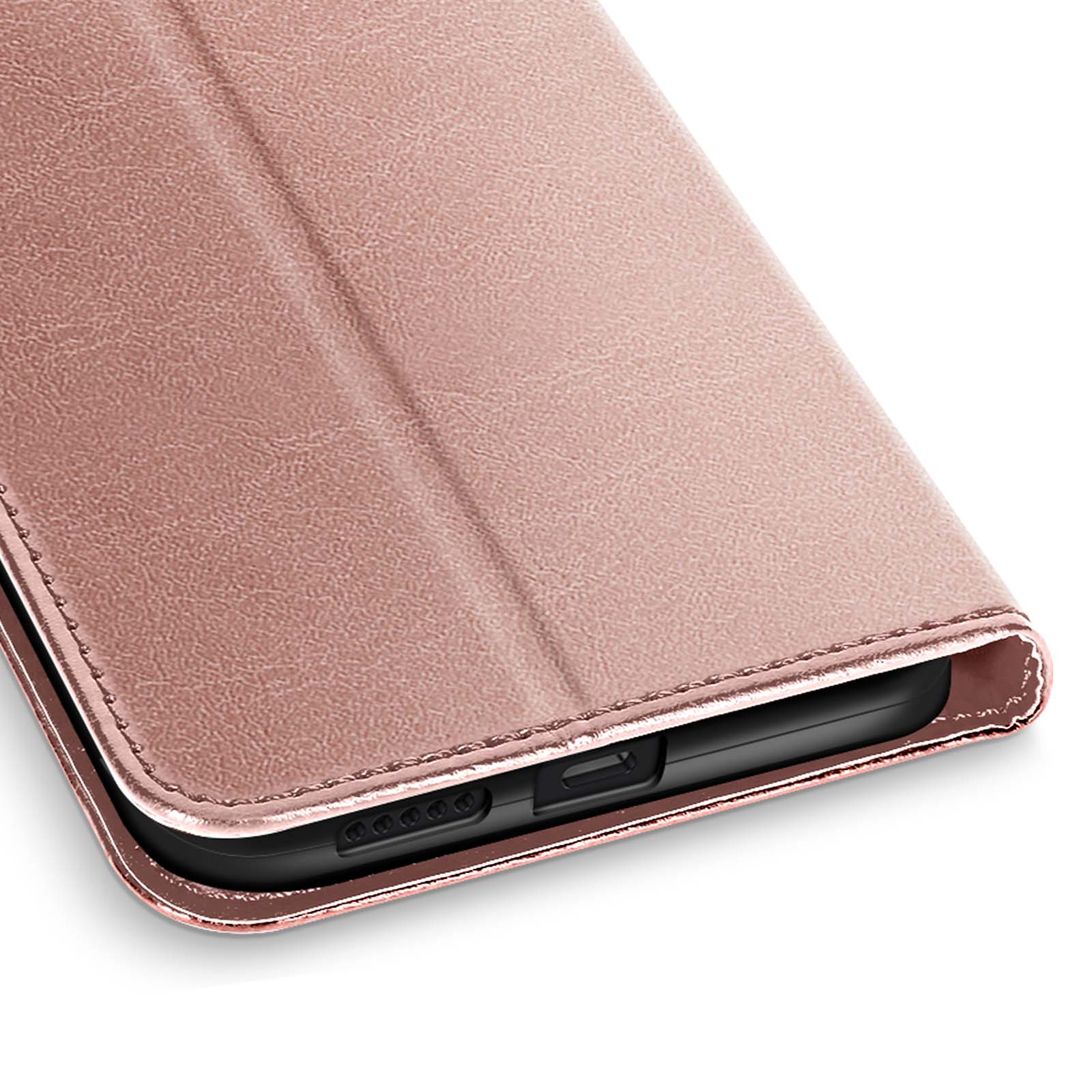 Close-up van een roségouden telefoonhoesje. De hoes heeft een getextureerd oppervlak en is gedeeltelijk open.