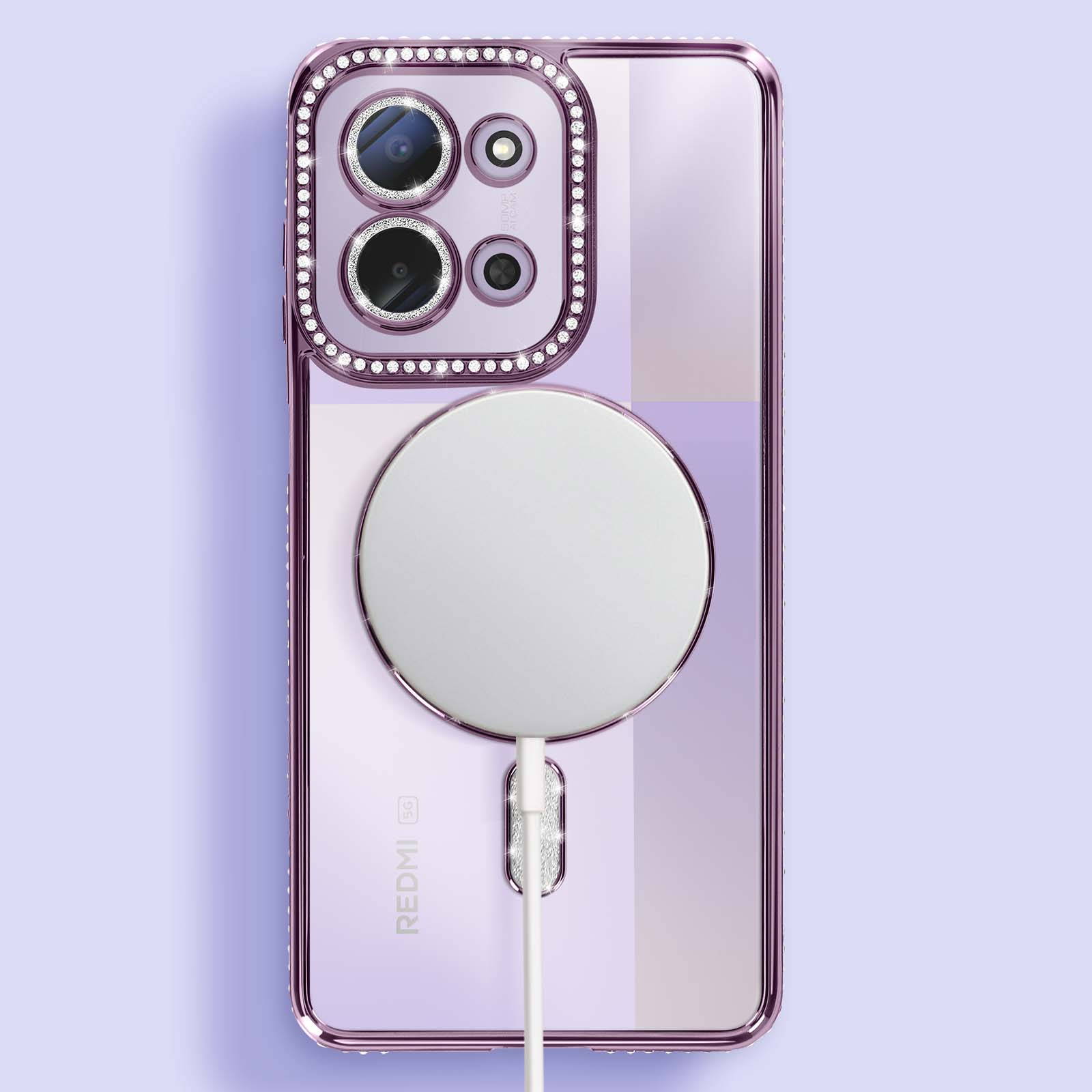 Telefoonhoesje met oplader, telefoon in een paars hoesje, met een witte cirkel en een witte oplaadkabel.