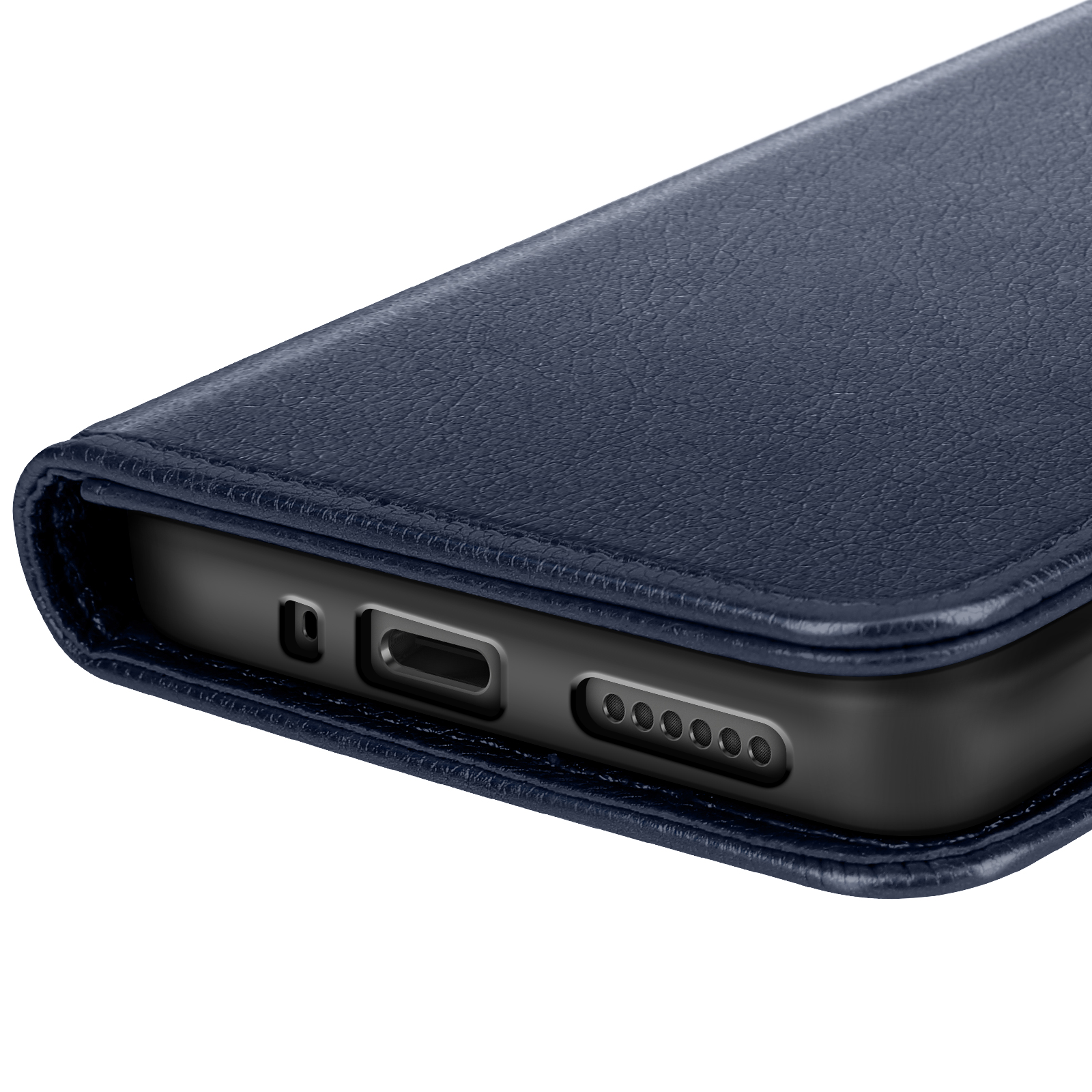 Primo piano di una custodia blu per telefono con un telefono all'interno. Visibili sono gli altoparlanti, la porta di ricarica e il microfono del telefono.