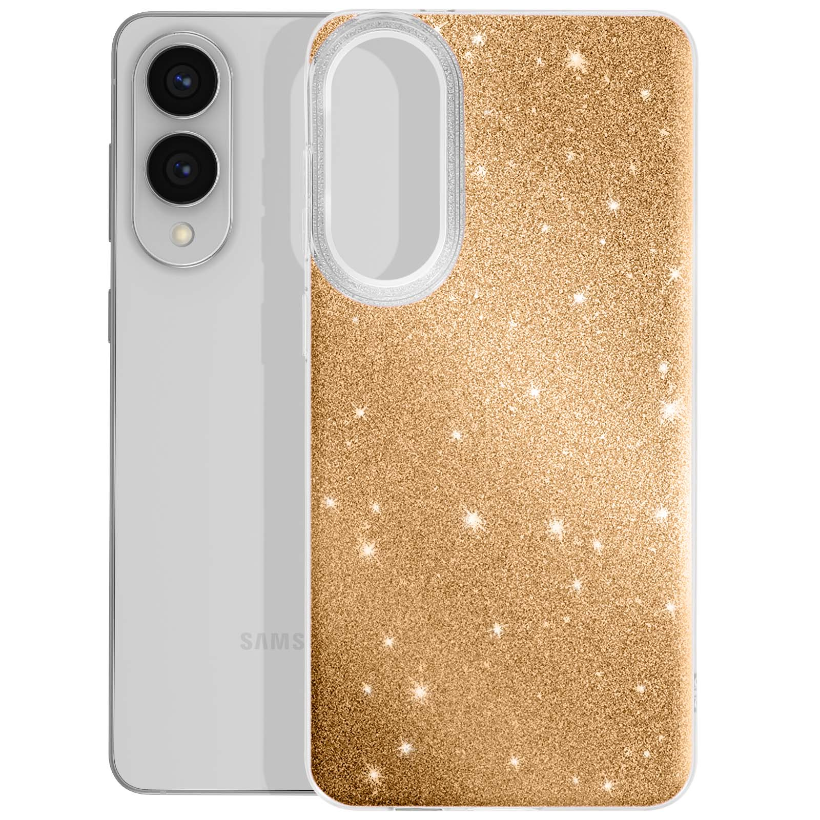 Un téléphone dans un étui doré à paillettes, une caméra est visible sur le téléphone. L'étui a un contour clair.