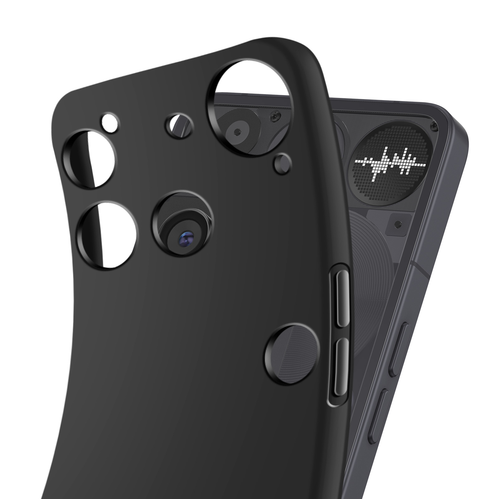 Zwarte telefoonhoes met camera-uitsparingen, die gedeeltelijk een telefoon bedekt met een geluidsgolfafbeelding.