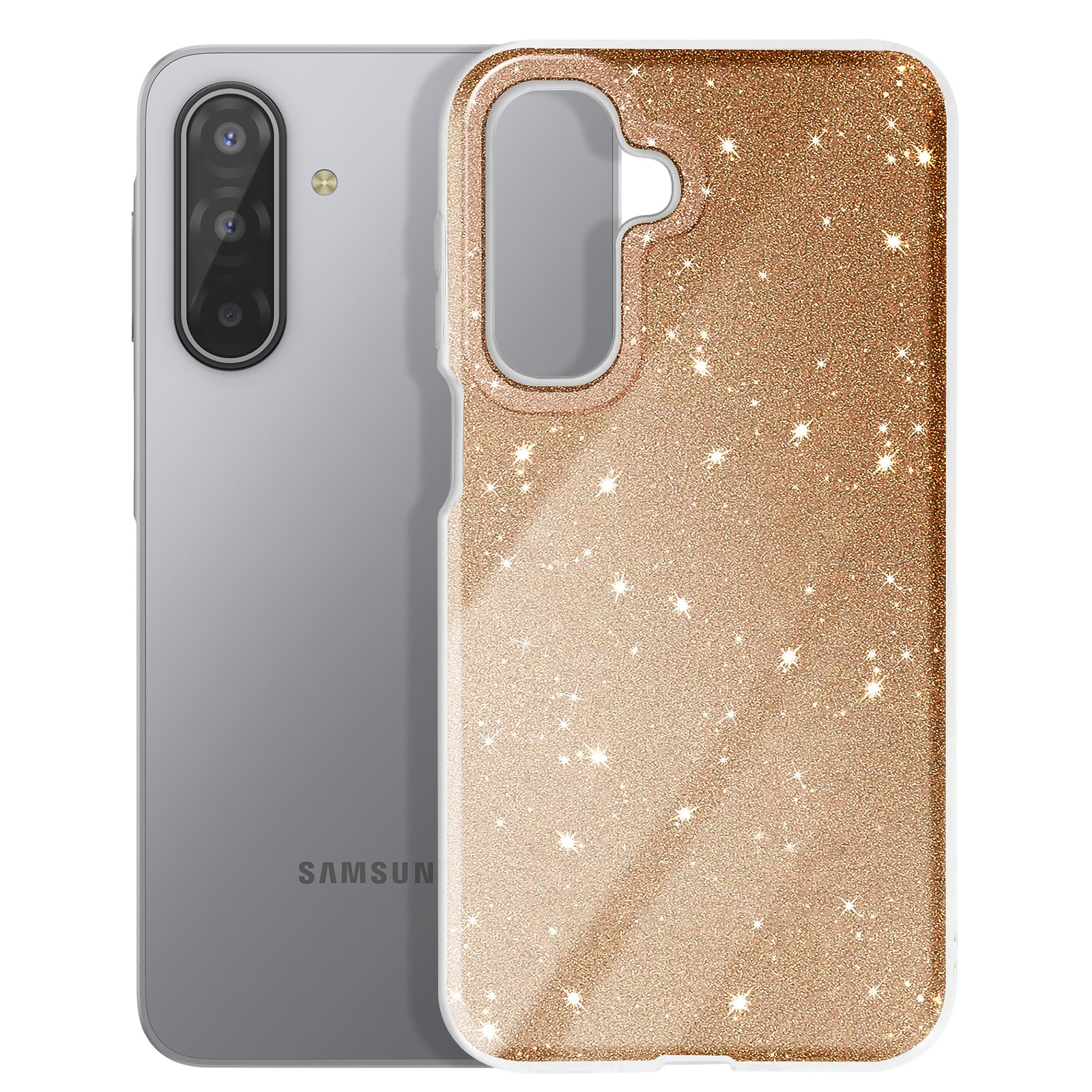 Un téléphone dans un étui doré scintillant. Le téléphone est argenté et porte le logo Samsung.