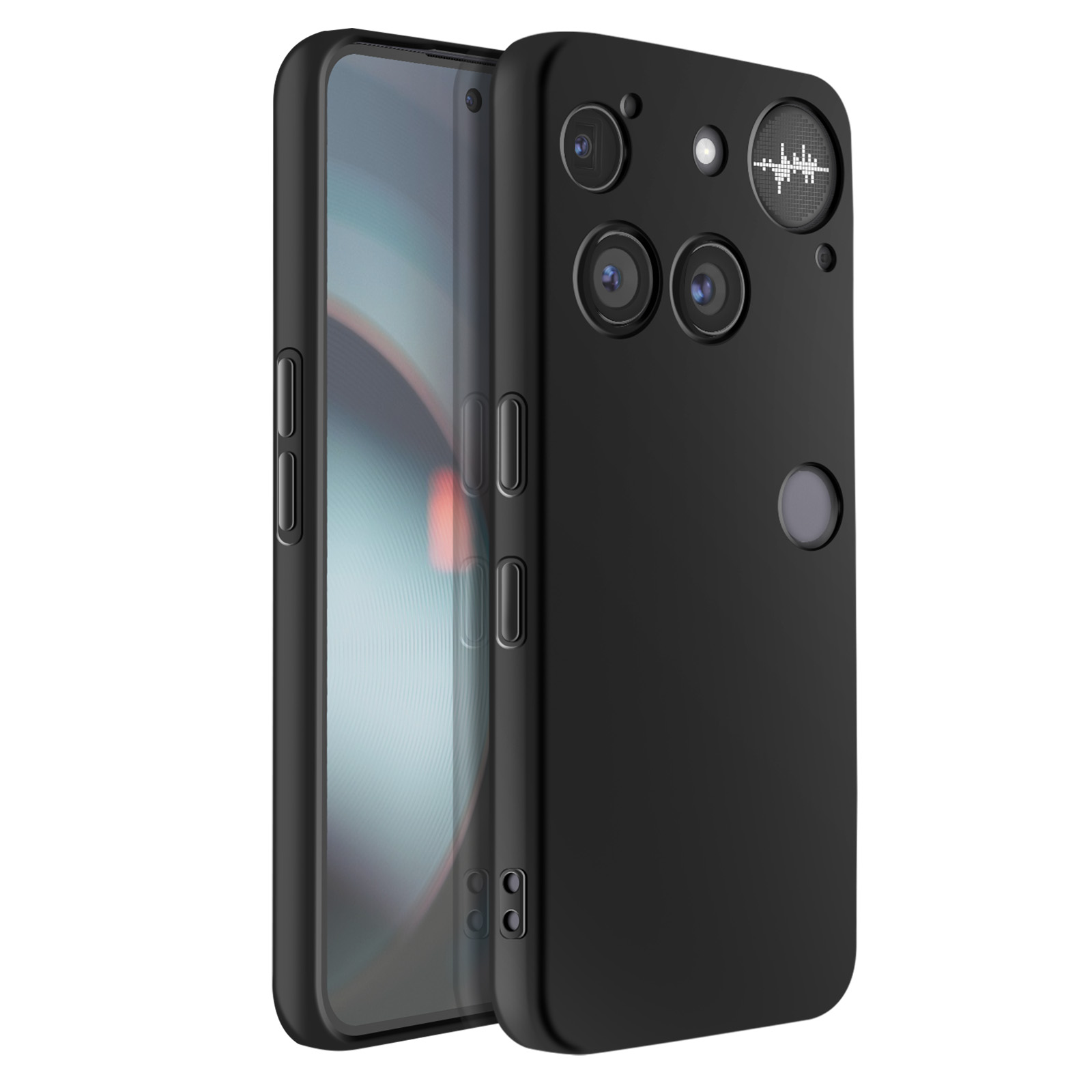 Een zwarte smartphonehoes met een scherm dat een wazige afbeelding toont. De achterkant heeft drie cameralenzen en een golfslaglogo.