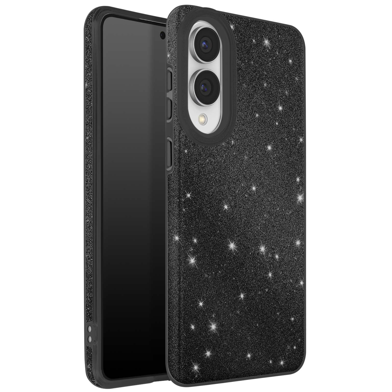 Een telefoon in een zwarte glitterhoes met cameramodule. Het scherm is zwart. De achtergrond is wit.