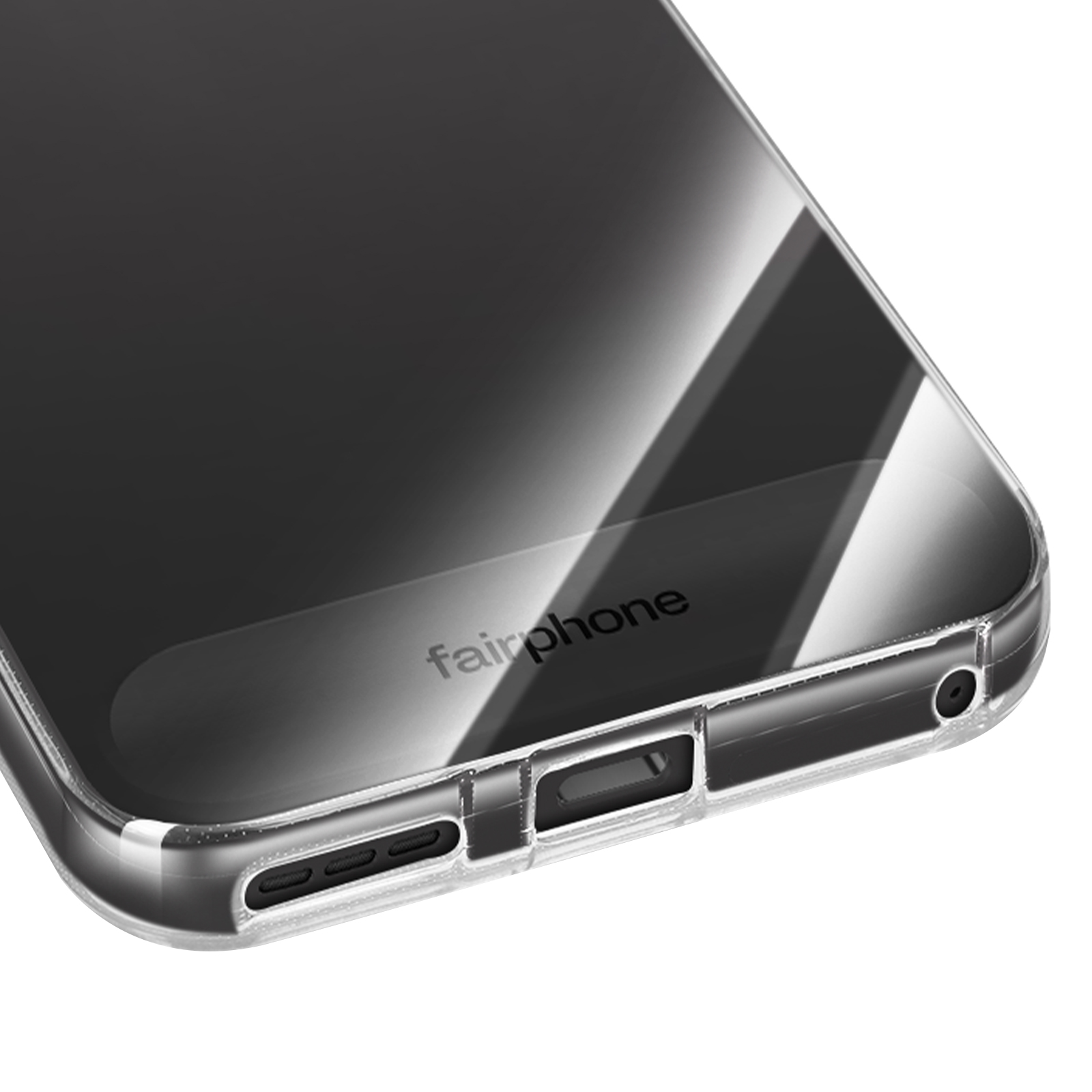 Een doorzichtige telefoonhoes, met het woord 'fairphone' erop. Het telefoonscherm is zichtbaar in de hoes.
