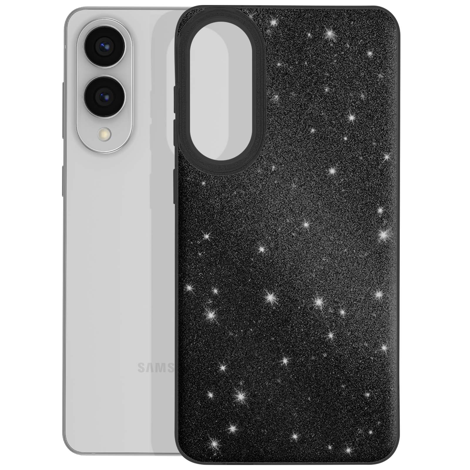 Een telefoon met een zwarte glittertelefoonhoes. De telefoon is zilver. De hoes heeft een uitsparing voor de camera.