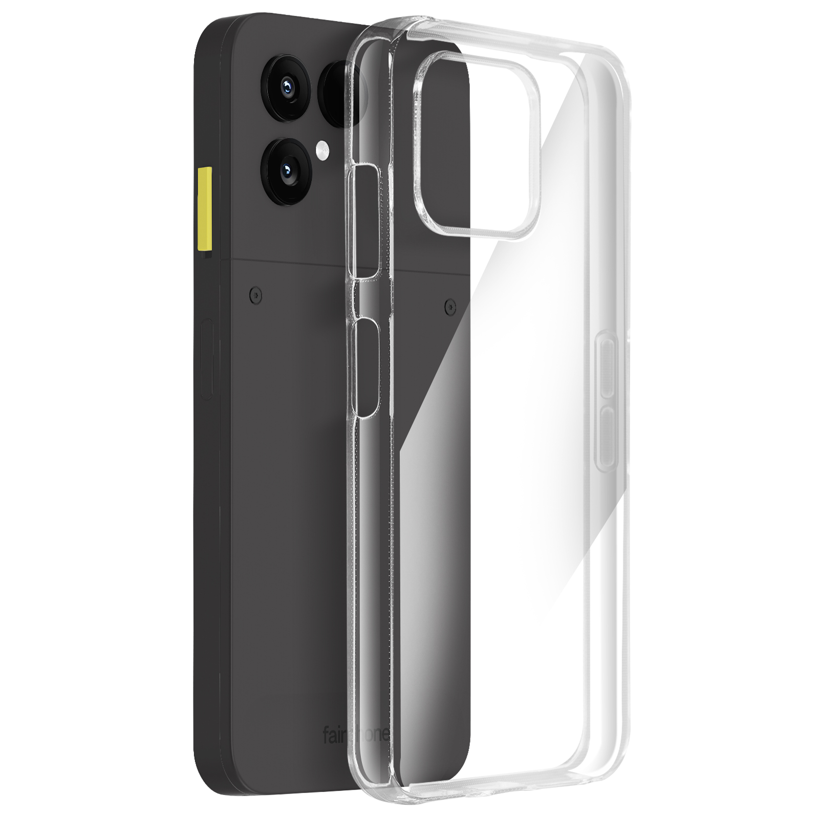 Zwarte smartphone met een transparante hoes. De telefoon heeft twee camera's en een gele accent.