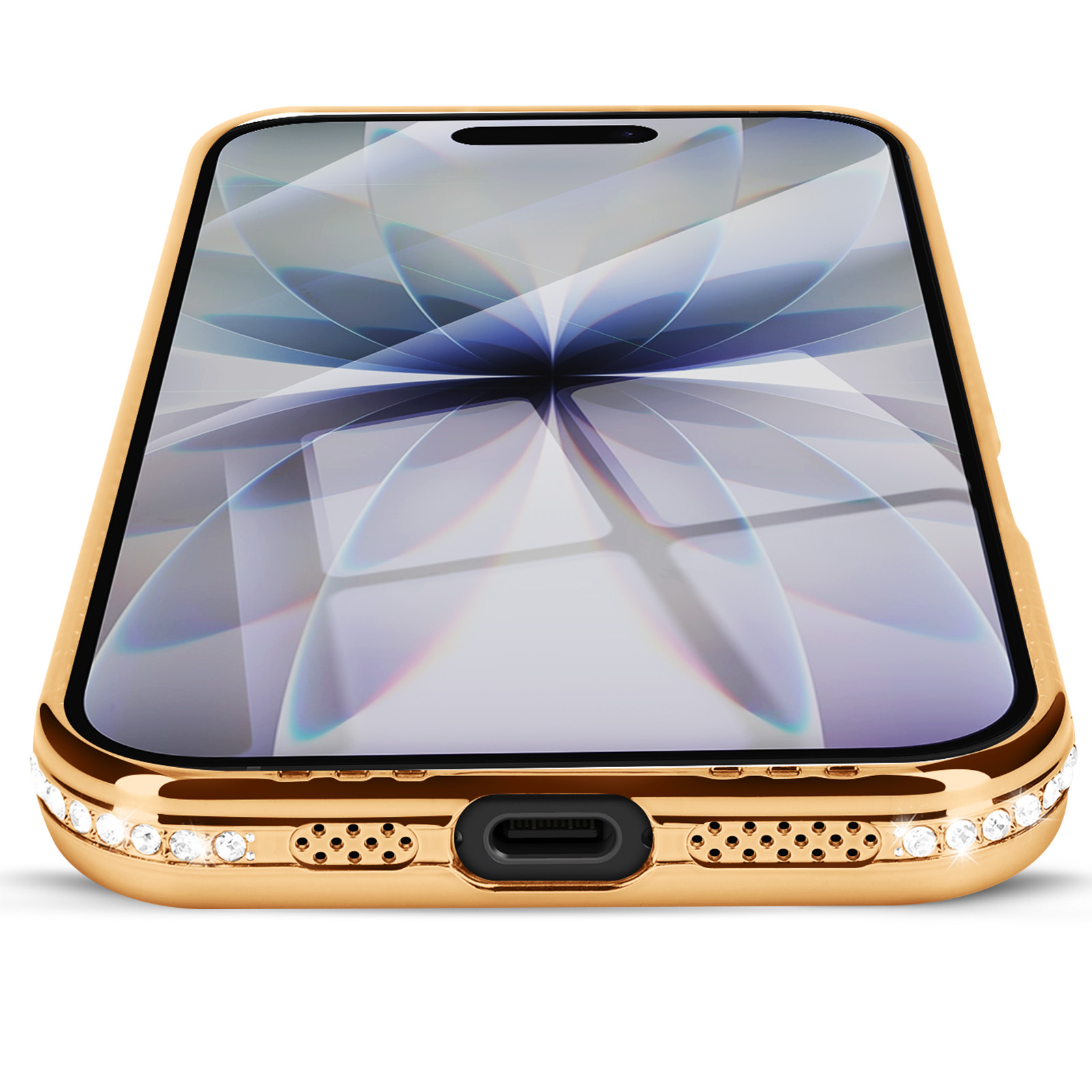 Une coque de téléphone dorée avec des strass incrustés. L'écran affiche un motif floral sur fond blanc.
