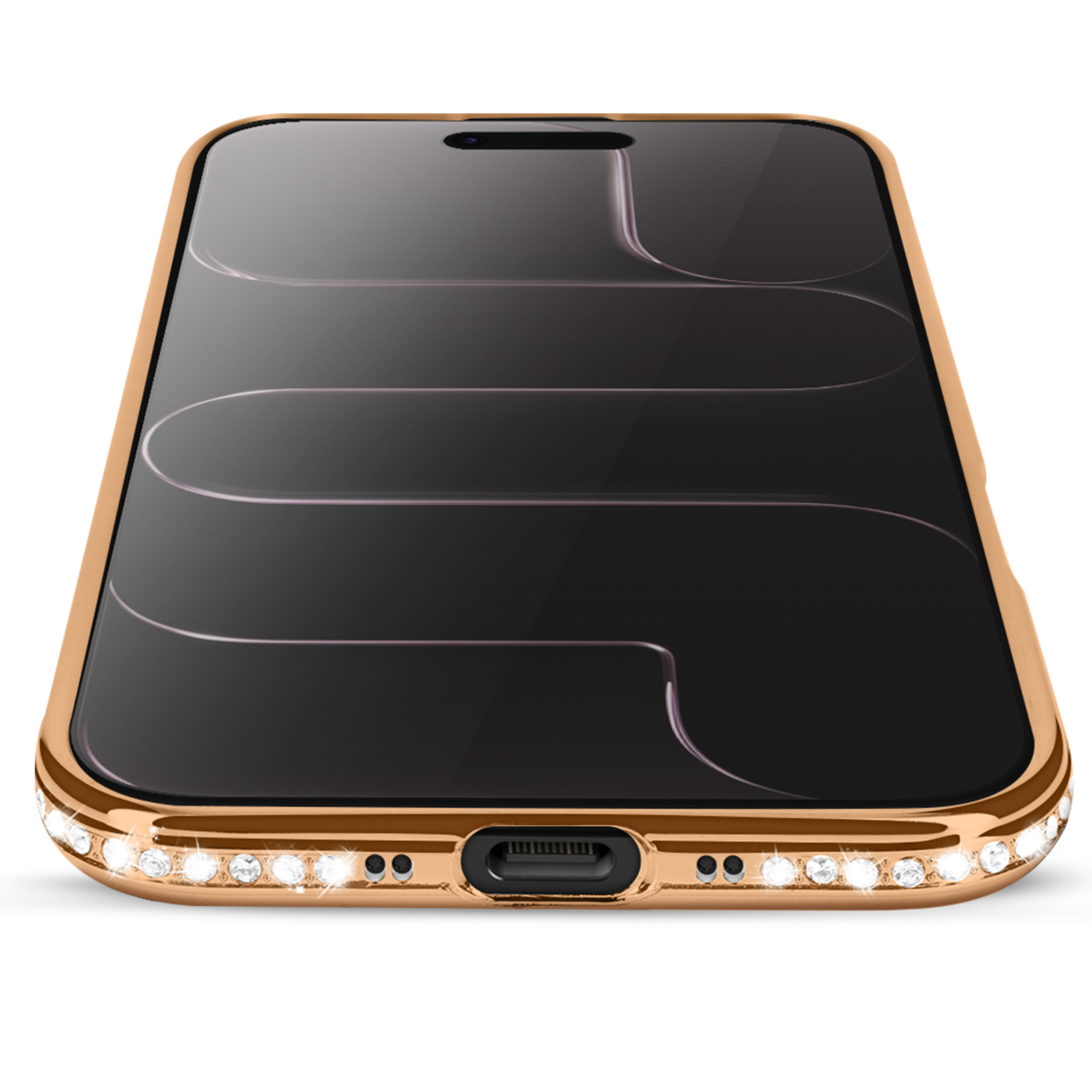 Un téléphone doré avec un écran noir et des lignes décoratives. Le cadre est orné de petites gemmes scintillantes.