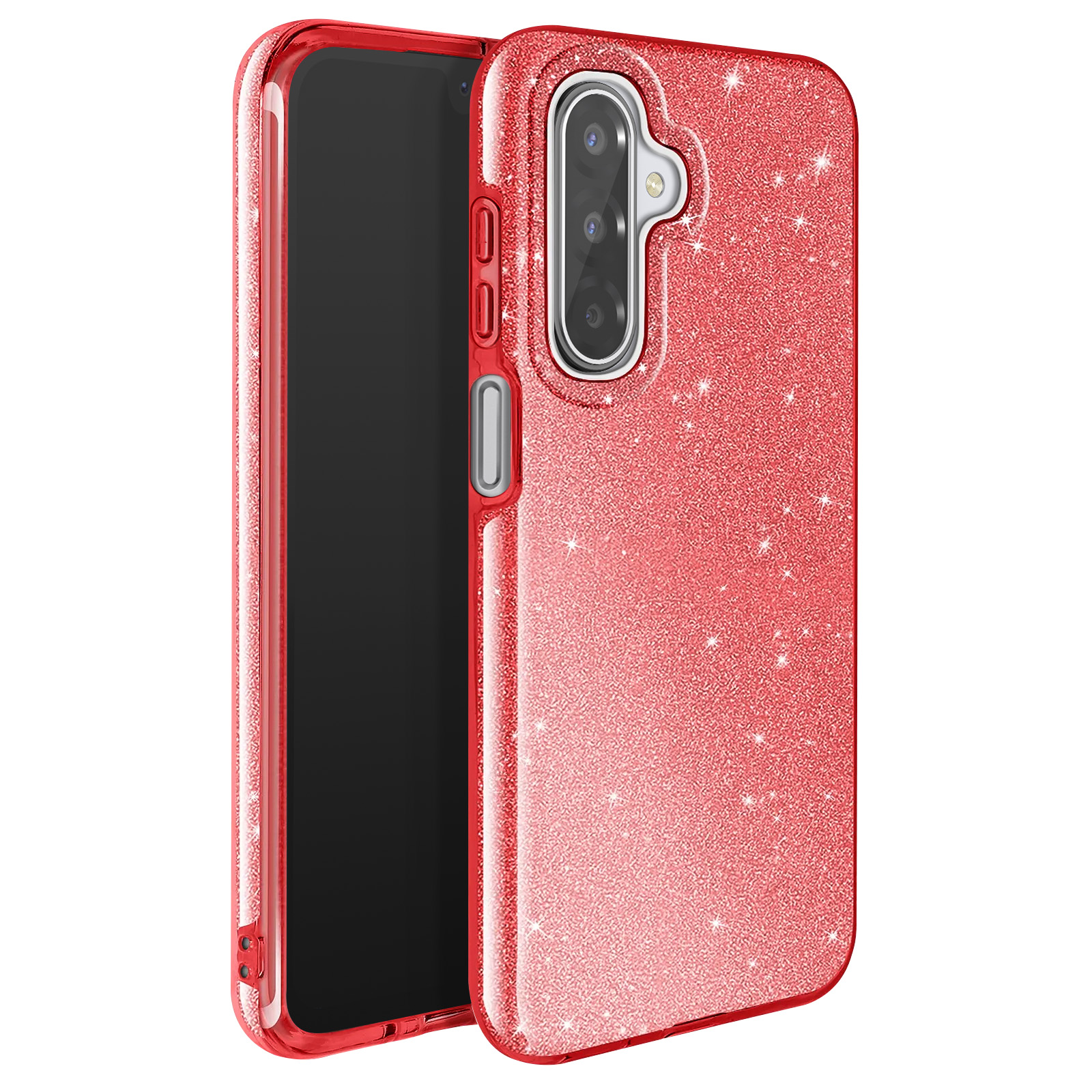 Een rode glitterende telefoonhoes met een telefoon erin. De hoes heeft een camera-uitsparing en knoppen.
