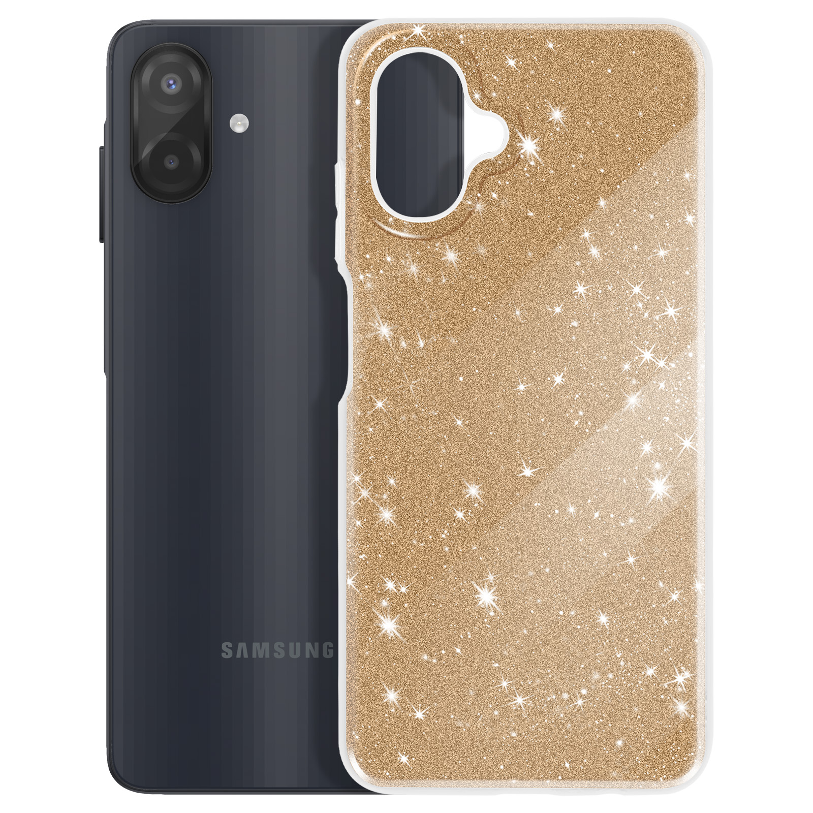Een smartphone met een gouden glitter telefoonhoesje. De telefoon is donkergrijs. De hoes heeft een witte rand.