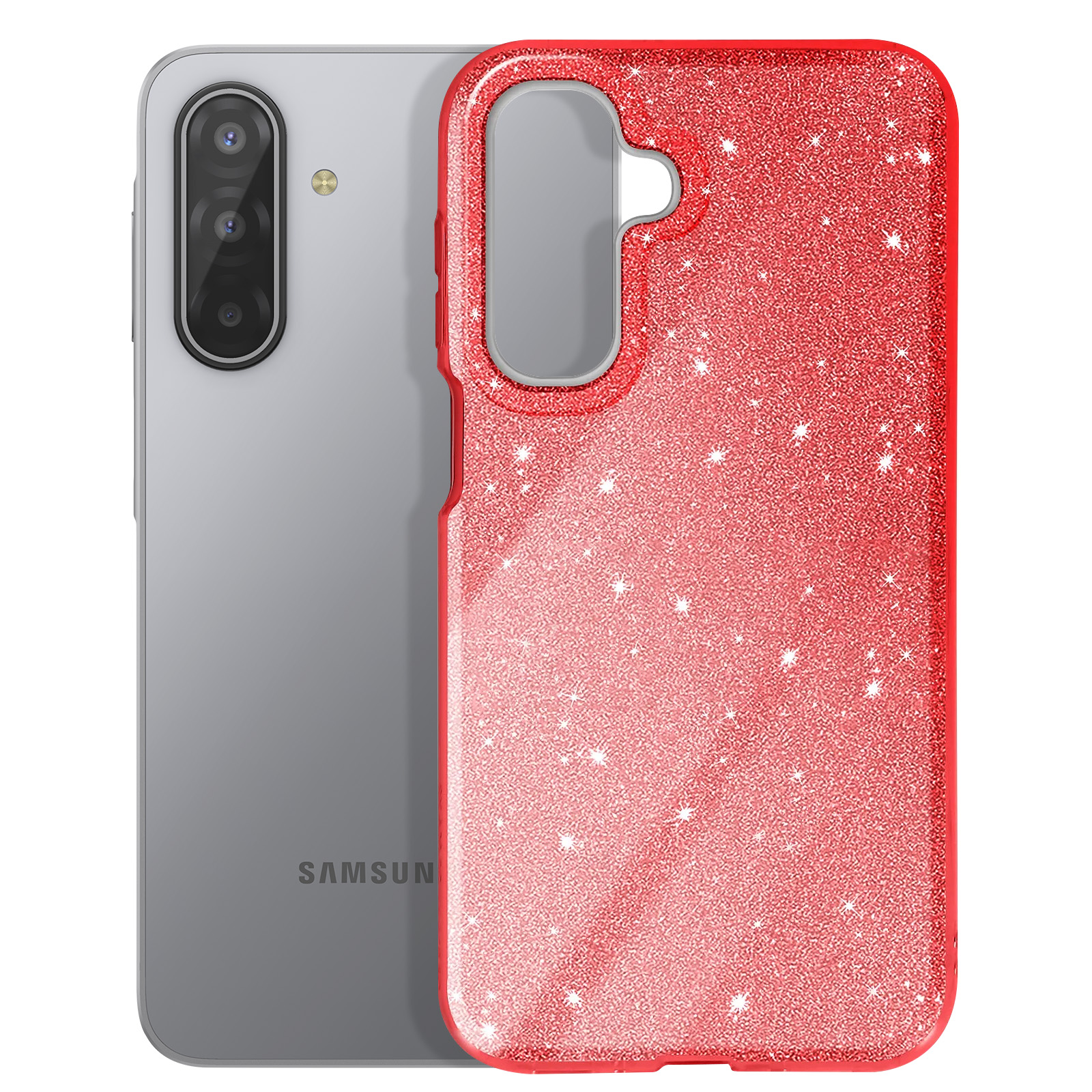 Een grijze Samsung-telefoon met een rode glittertelefoonhoes. De hoes heeft een camera-uitsparing en glitters.