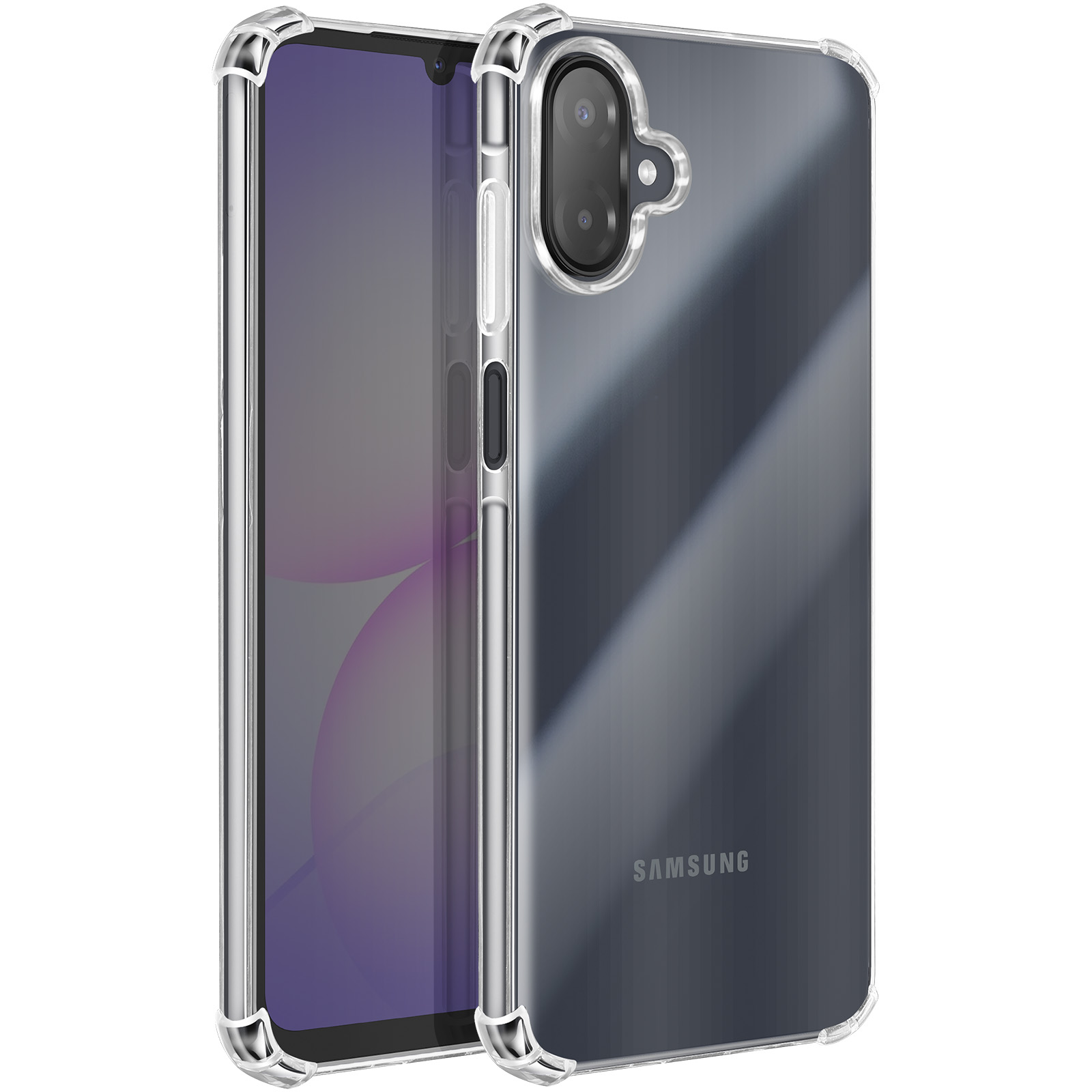 Custodia trasparente per telefono su un telefono Samsung, con fotocamera e pulsanti visibili. Lo sfondo è bianco.