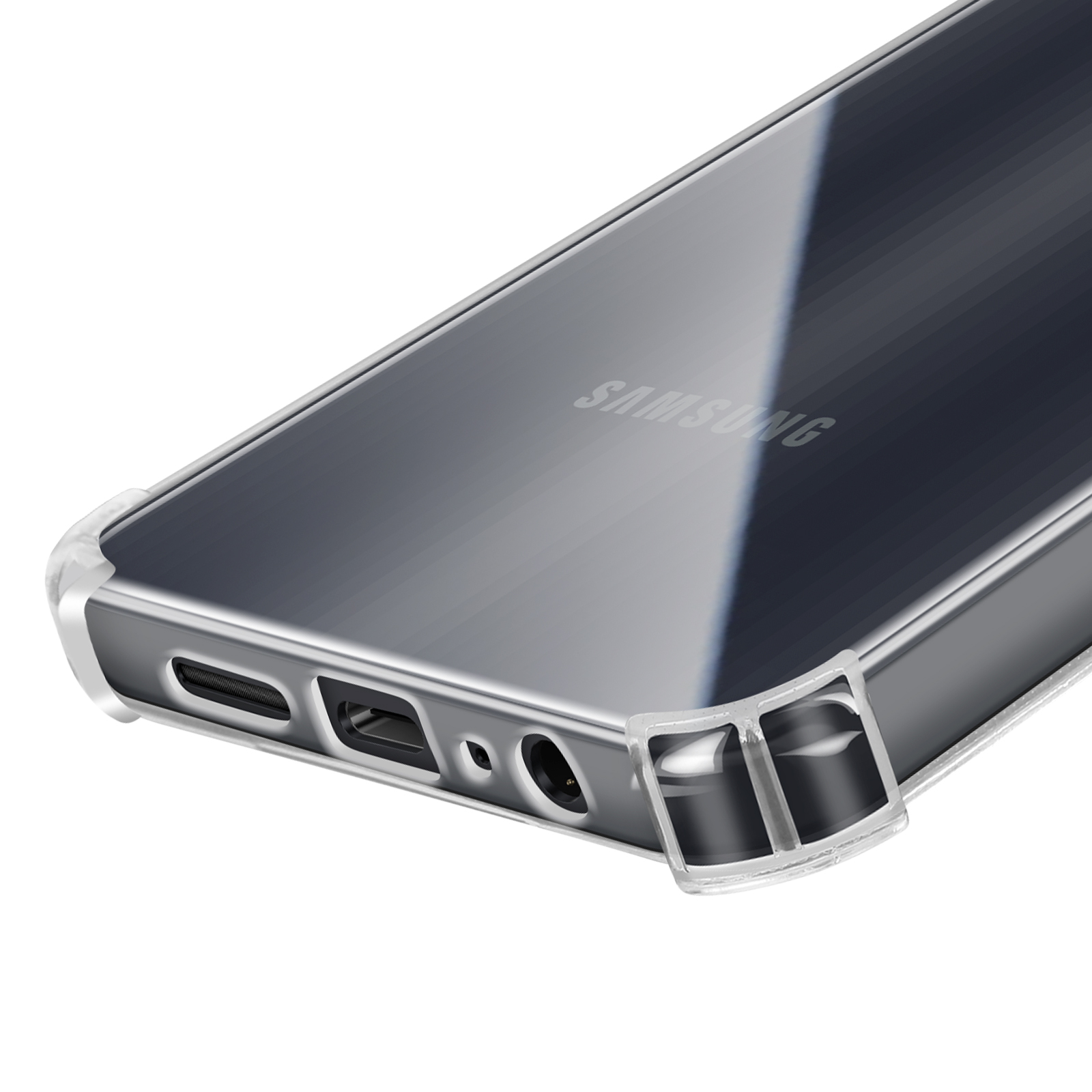 Una custodia trasparente per telefono che protegge uno smartphone. Il logo Samsung è visibile. Una porta di ricarica e un jack per cuffie sono visibili.