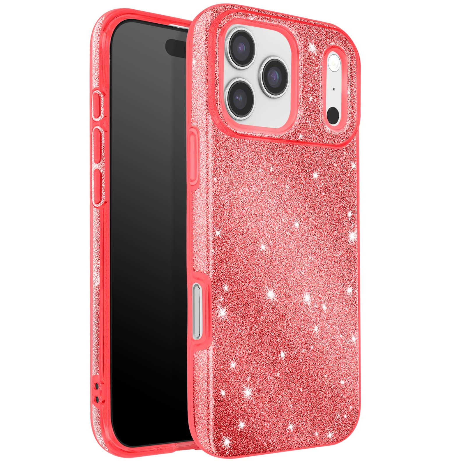 Een rode glitter telefoonhoes met een zwart scherm erin. De hoes heeft camera gaten.