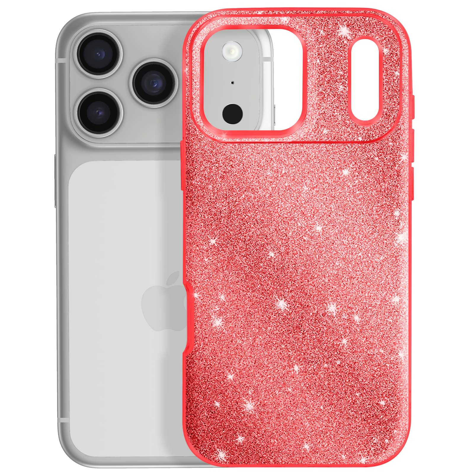 Een iPhone met een rode glitter telefoonhoes. De hoes heeft openingen voor de camera en knoppen. De telefoon is zilver.