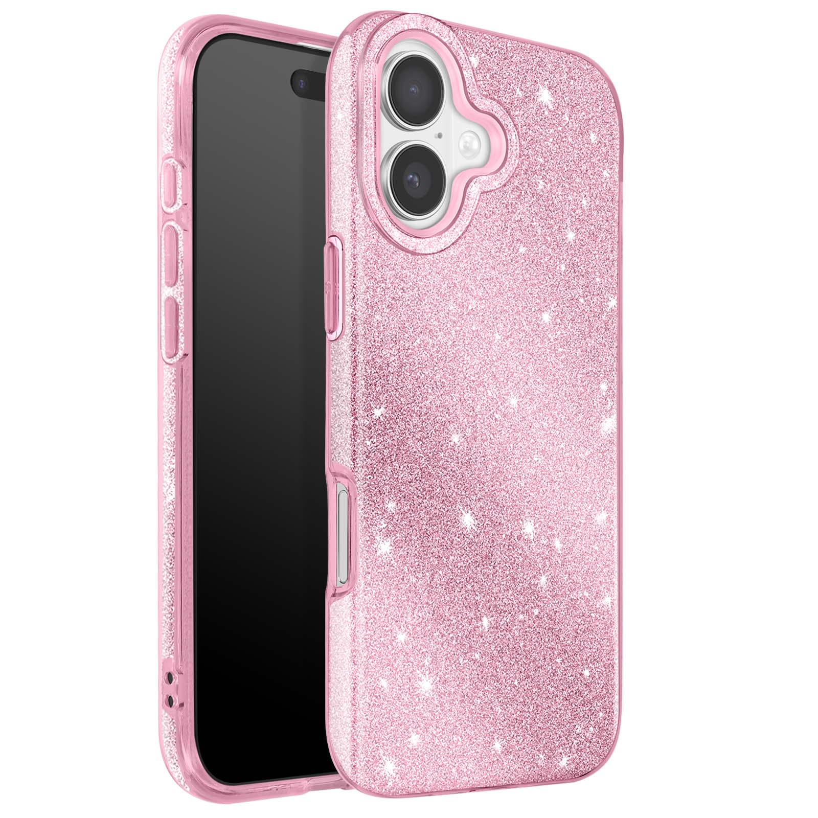 Roze glitter telefoonhoesje met een zwarte telefoon erin. De hoes heeft een uitsparing voor de camera en zijknoppen.