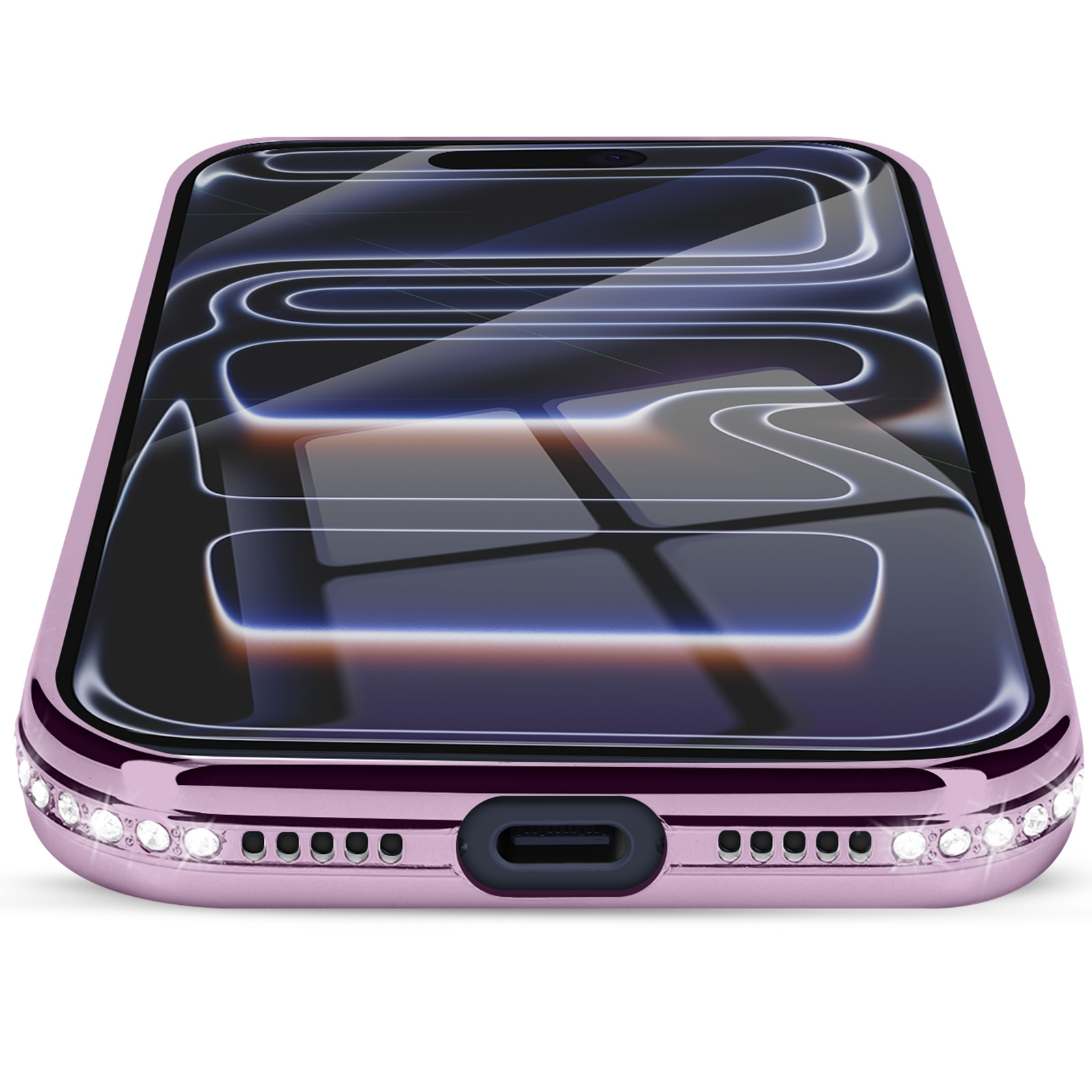 Gros plan sur une coque de téléphone rose avec écran en verre, décorée de petits cristaux sur les bords.