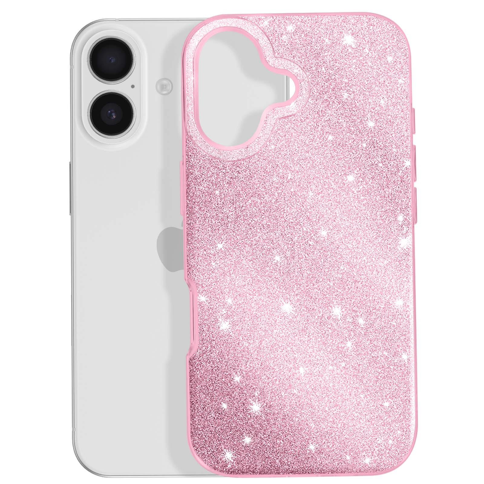 Een telefoon in een roze glittertelefoonhoesje. De telefoon is wit. De hoes heeft een uitsparing voor de camera.