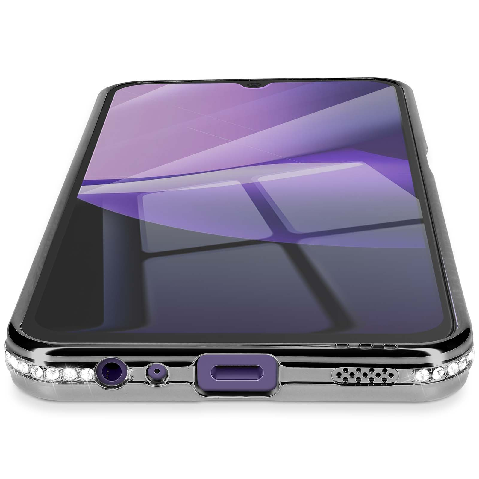 Een smartphone in een hoesje, met een paars patroon op het scherm, zilveren randen. De hoes heeft kristallen.
