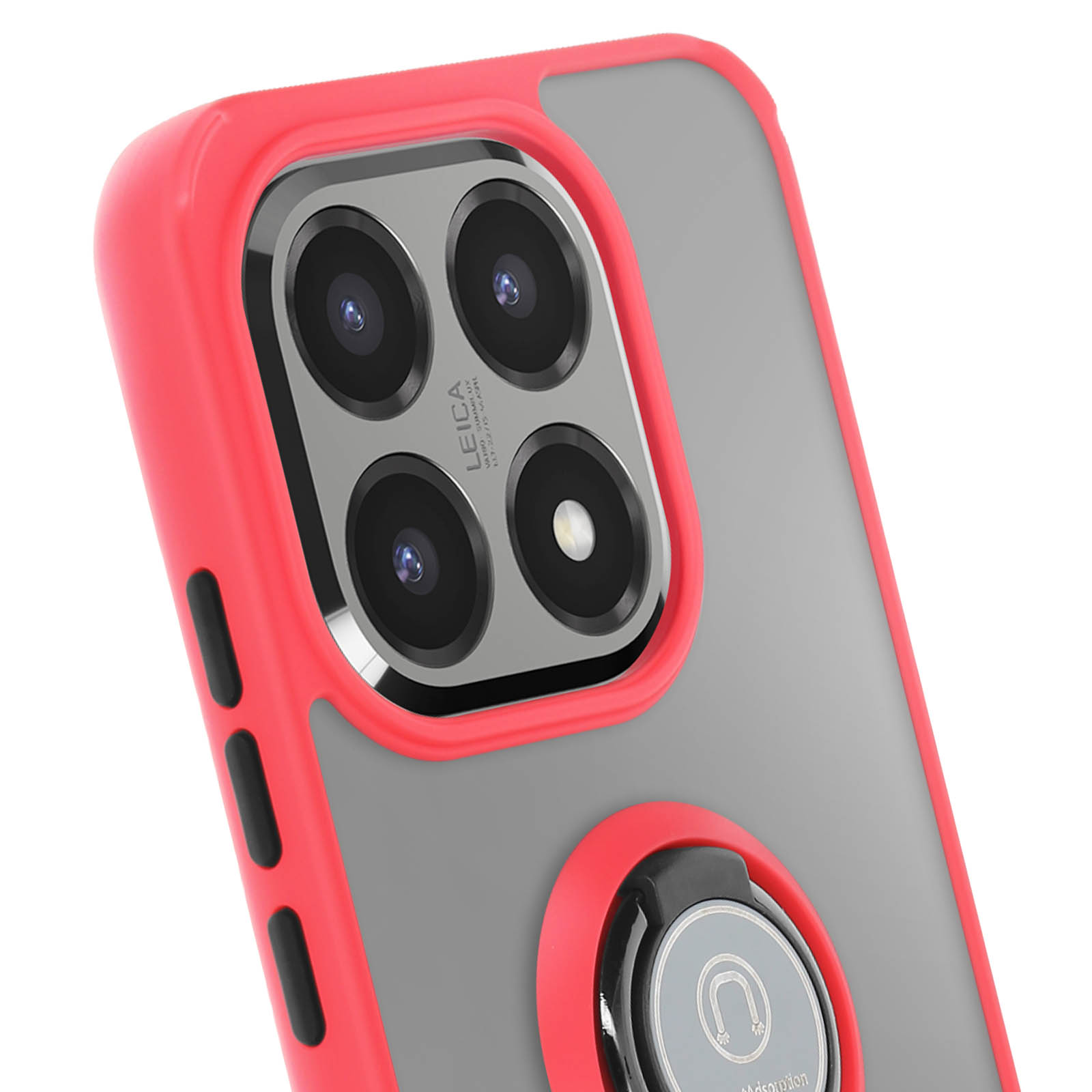 Een telefoonhoesje met een rood frame en een transparante grijze achterkant. Het heeft een cameramodule en een magnetische ringhouder.