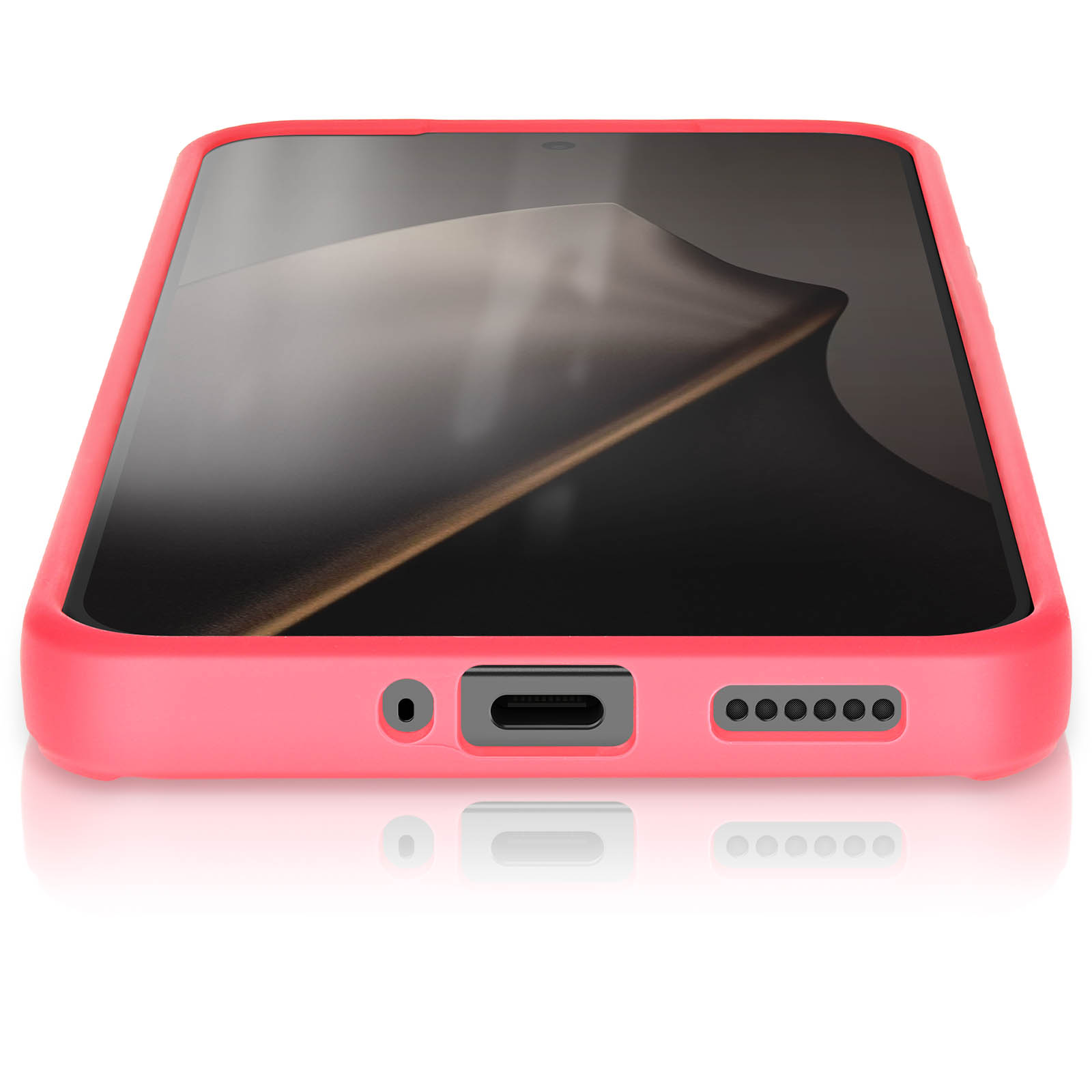 Een roze telefoonhoesje met een zwart scherm. De hoes heeft openingen voor poorten en luidsprekers, met een reflecterend oppervlak.