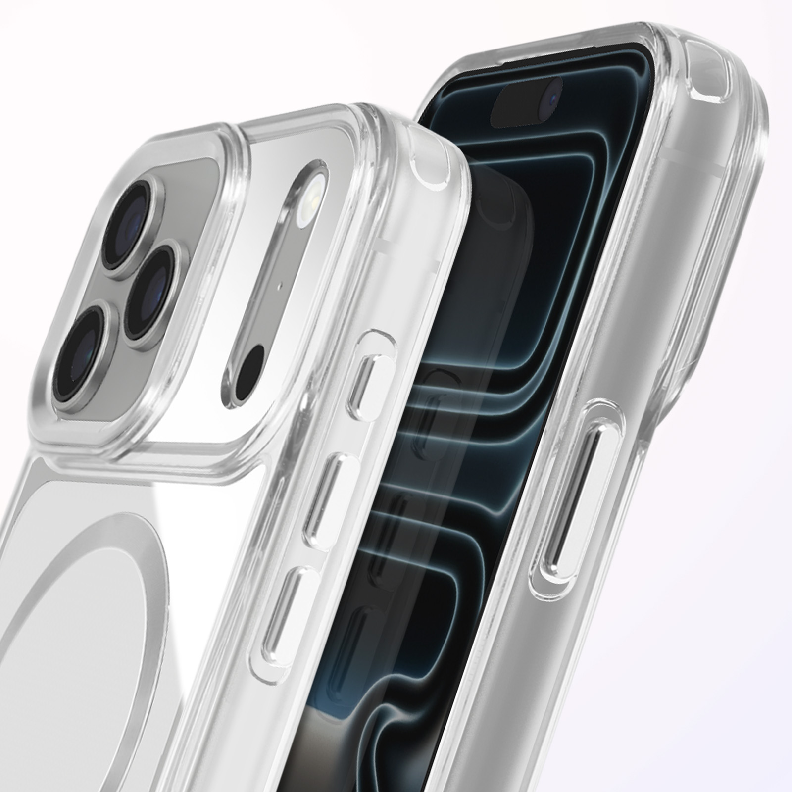 Coque de téléphone transparente. Caméra visible et boutons latéraux. L'écran du téléphone est visible.