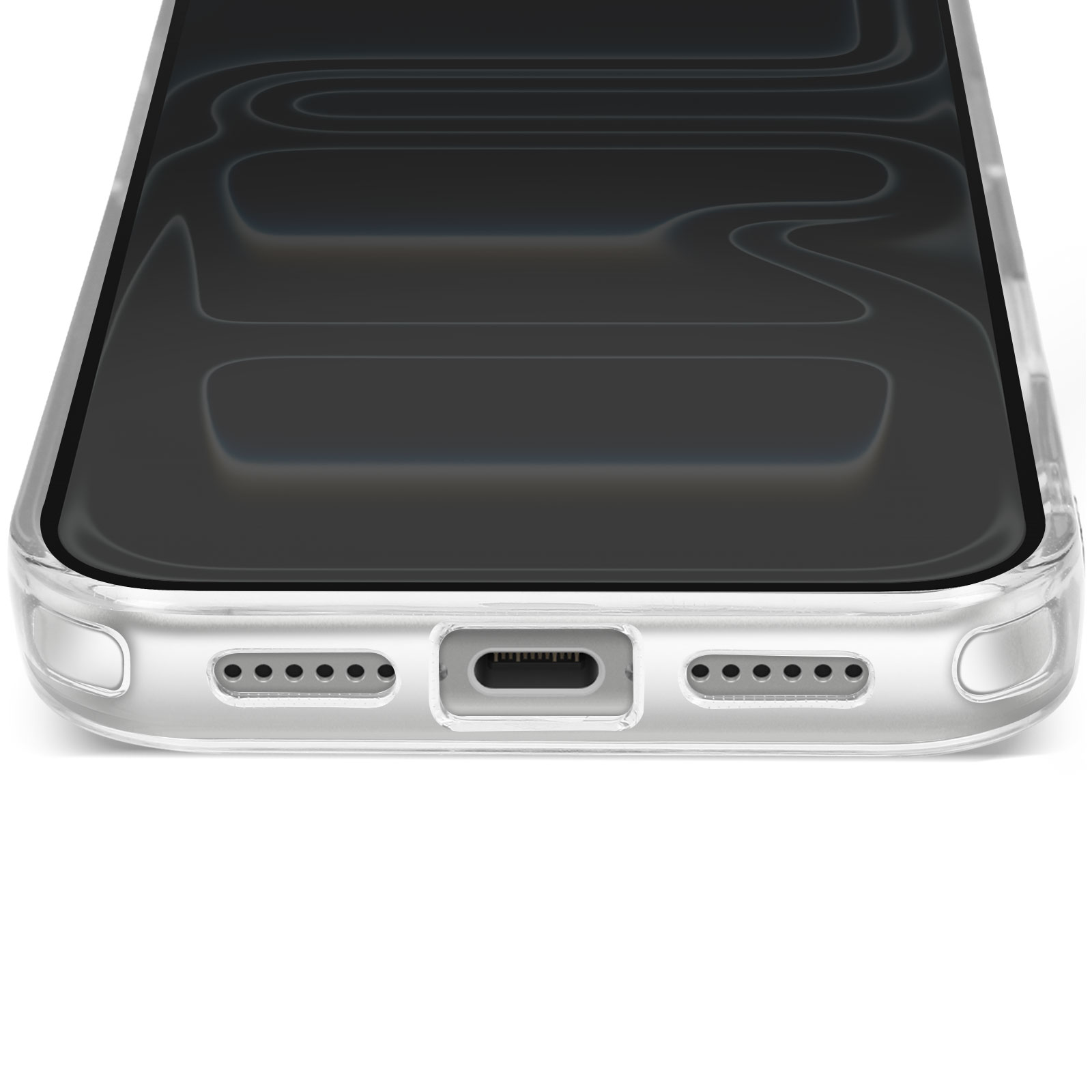 Gros plan sur une coque de téléphone transparente. Le bas comporte des ports haut-parleur et de chargement. L'écran affiche des lignes courbes.