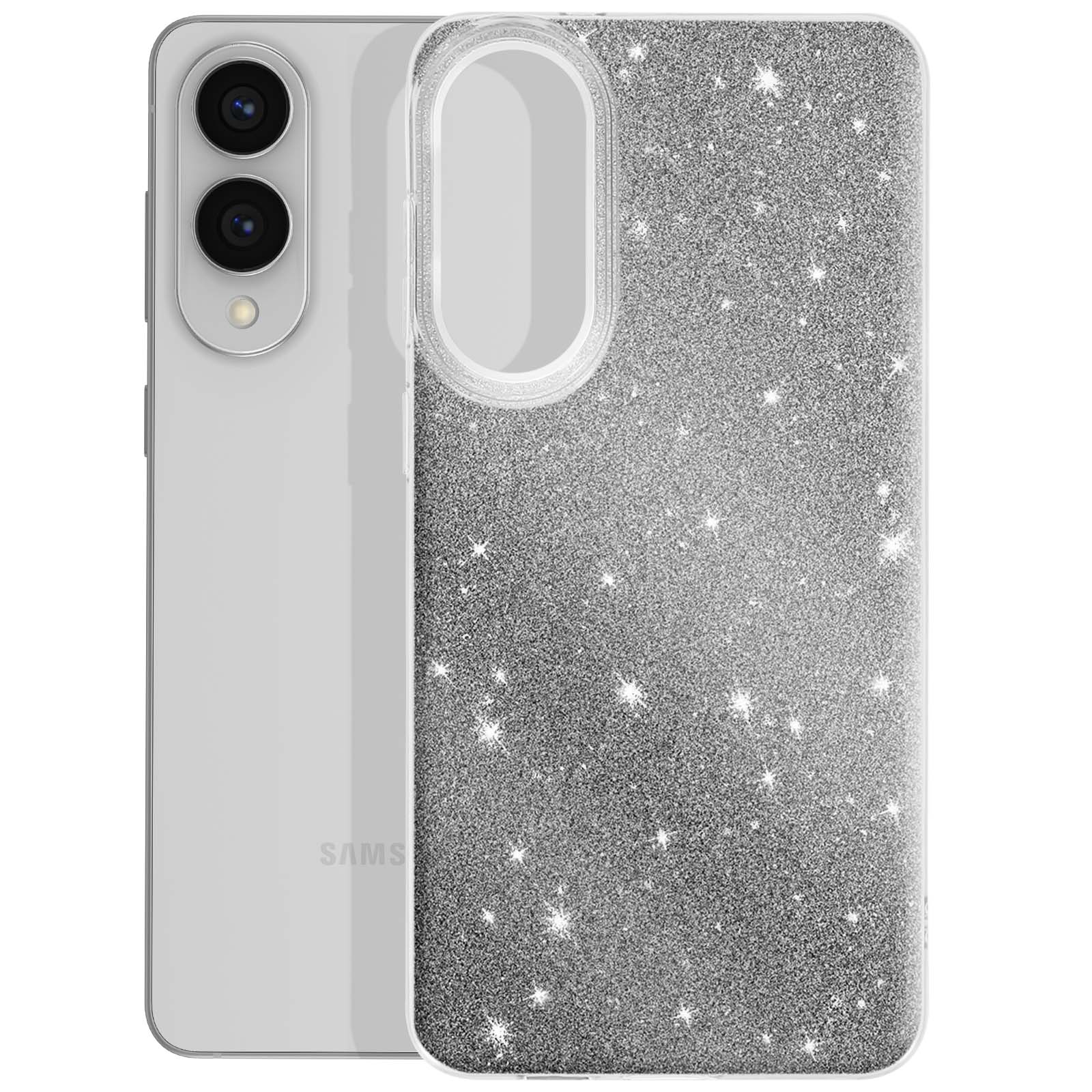Un téléphone avec un étui scintillant. Le téléphone est argenté et l'étui a des paillettes argentées avec une découpe ovale.