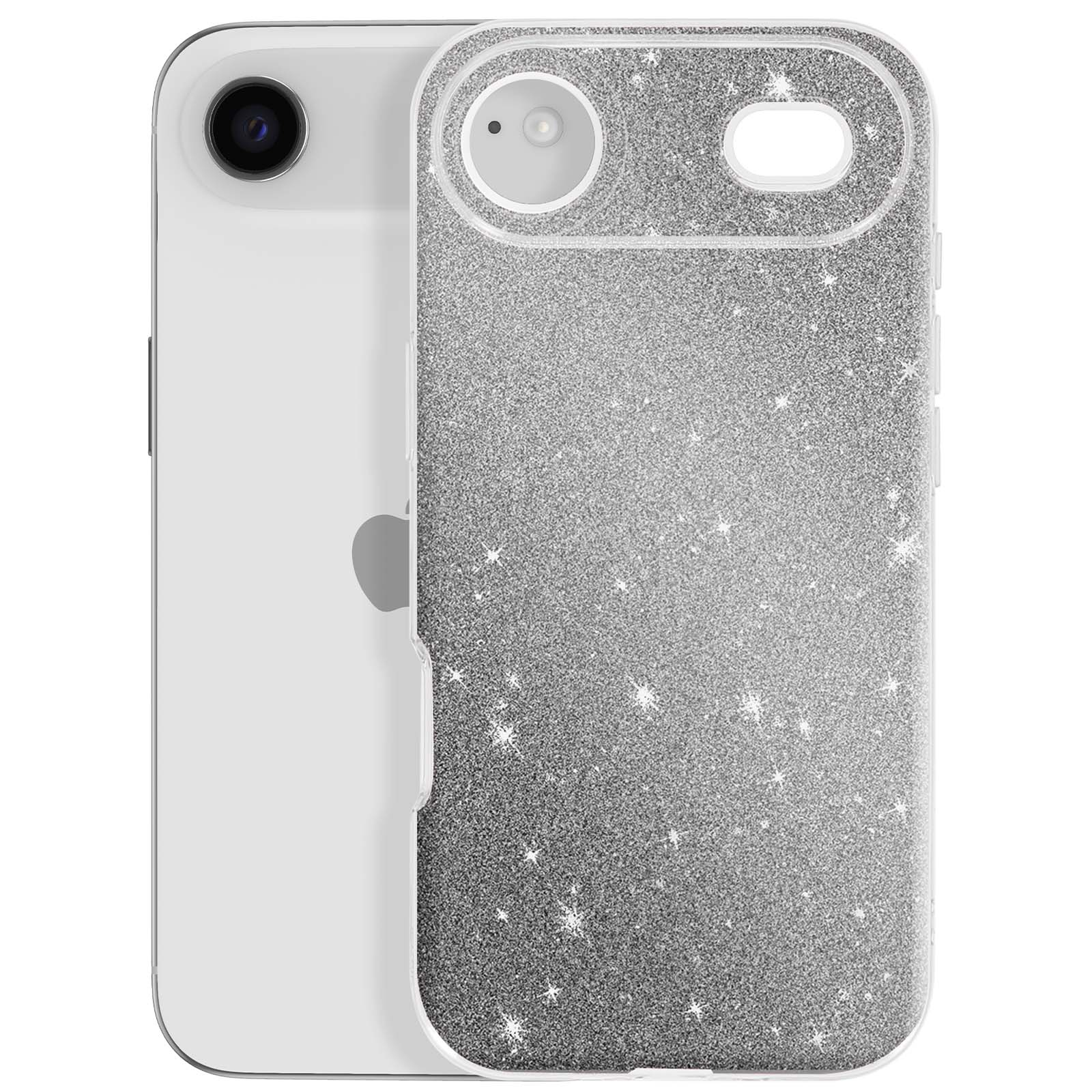 Un iPhone blanc avec une coque de téléphone argentée scintillante. L'étui a des ouvertures pour l'appareil photo et le flash.
