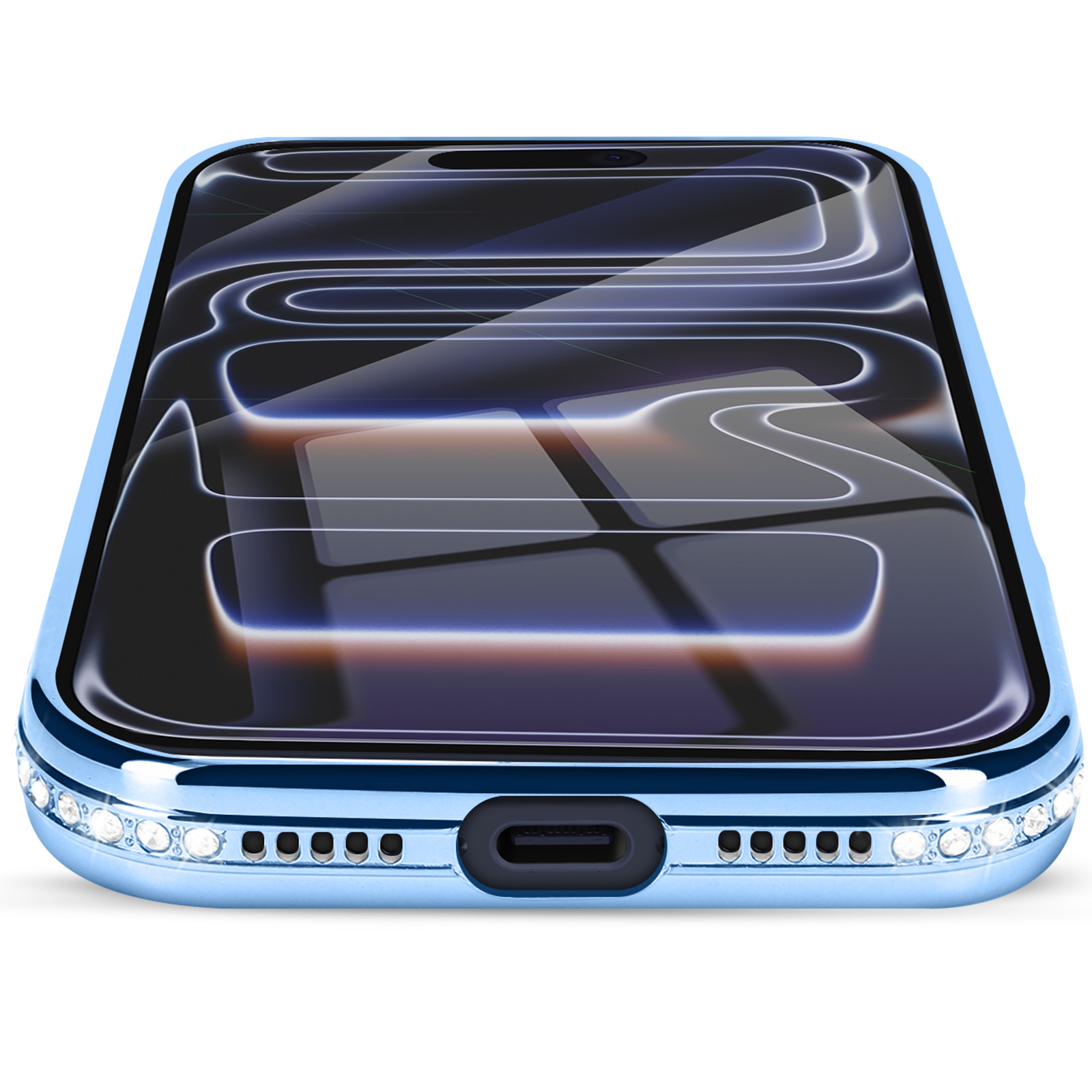 Un téléphone bleu avec une coque de protection. L'écran affiche un motif. Des strass décorent le bord inférieur.