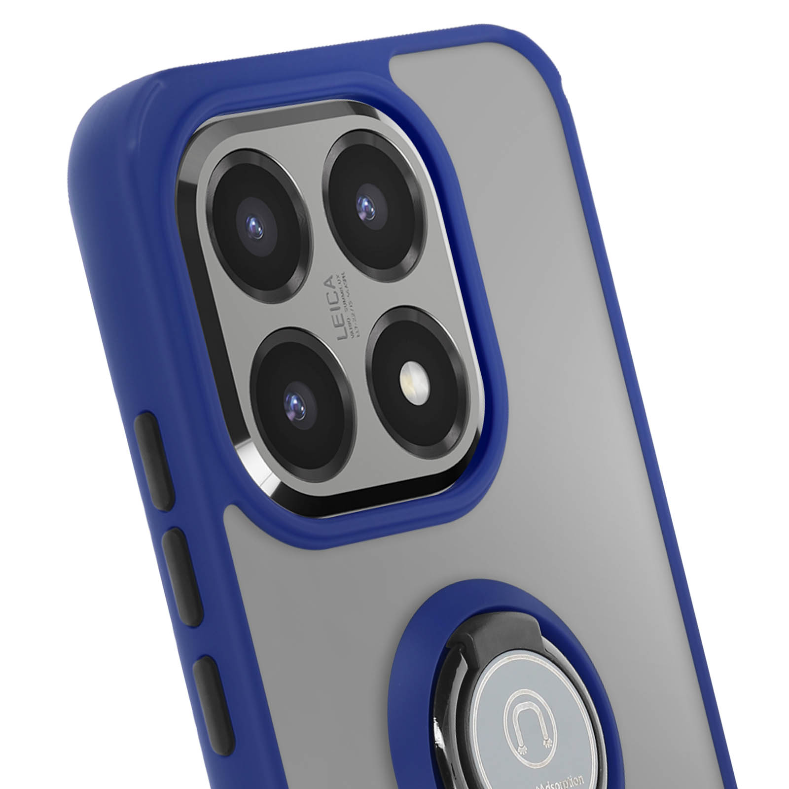 Telefoonhoes met blauw frame, grijze achterkant en camera. Zwarte ringhouder onderaan.