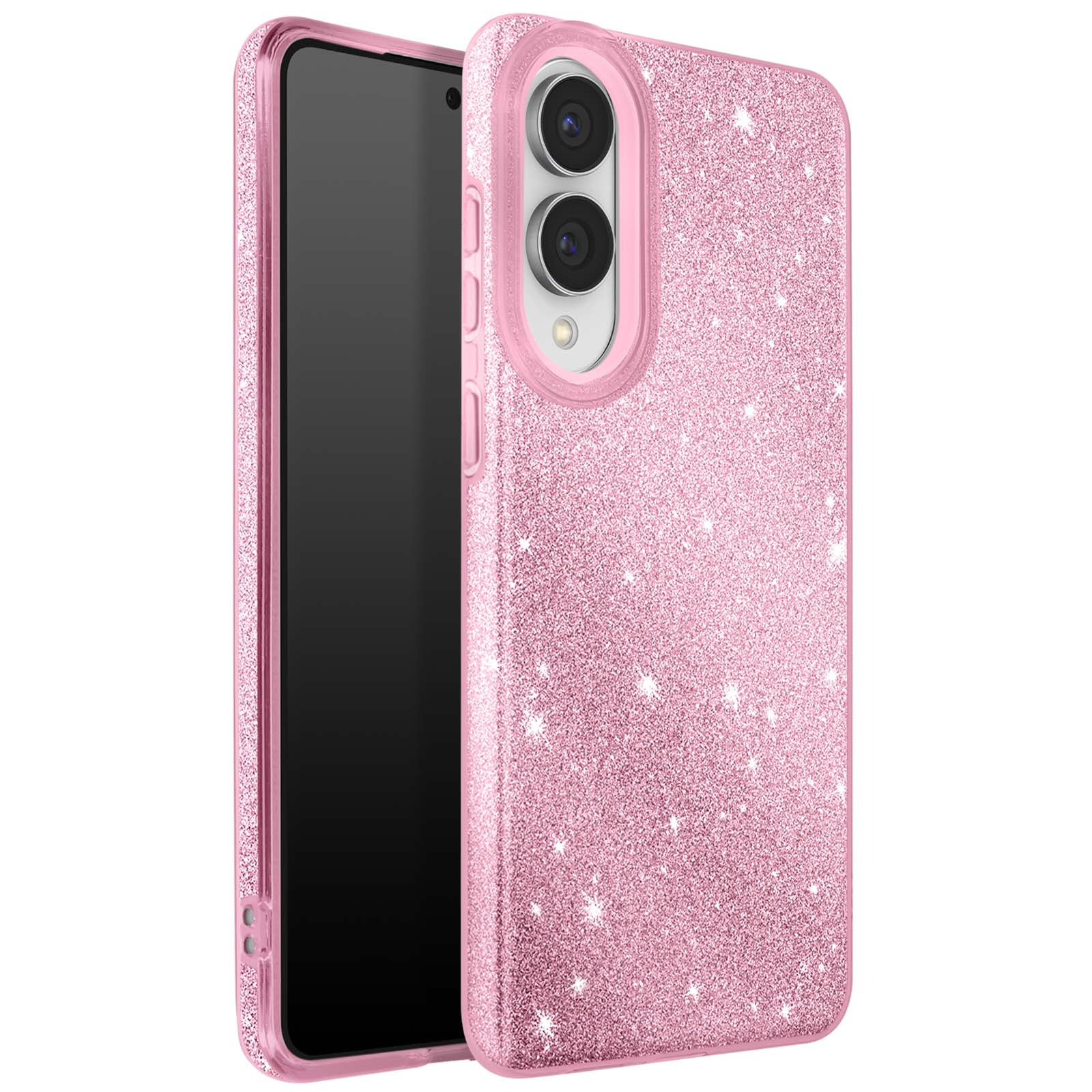 Roze glitter telefoonhoesje met een telefoon erin. De hoes heeft een uitsparing voor de camera.
