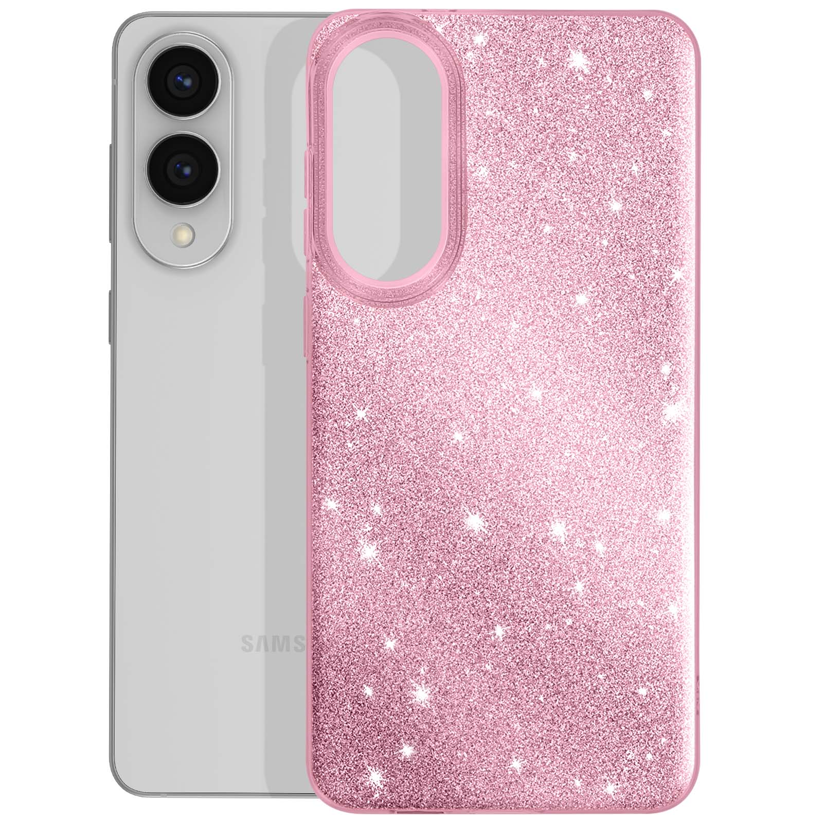 Een telefoon en een roze glitter telefoonhoesje worden getoond. De telefoon is zilverkleurig en de hoes heeft een ovale uitsparing voor de camera.