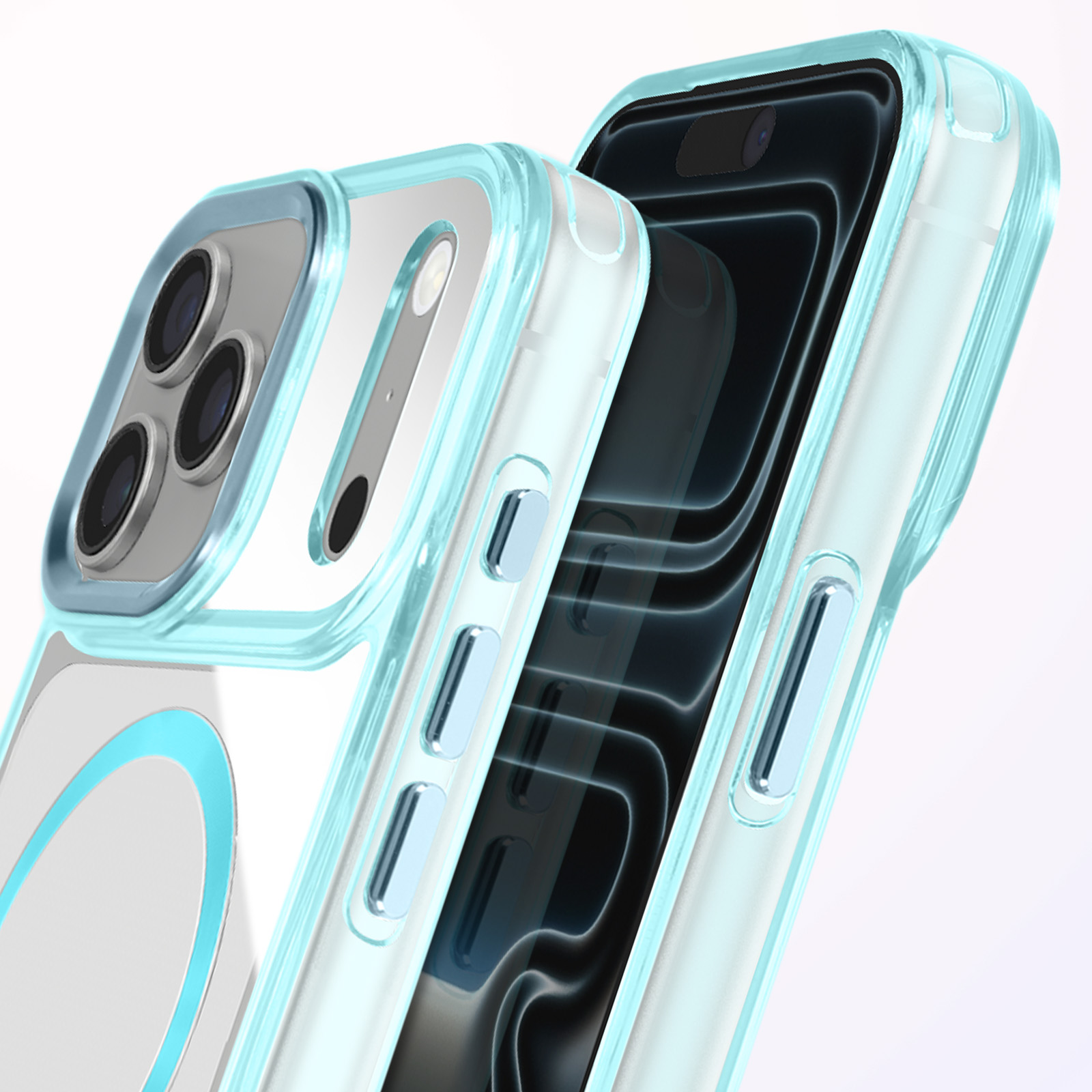 Deux téléphones dans des coques bleu clair. Caméras visibles. Le fond est blanc.