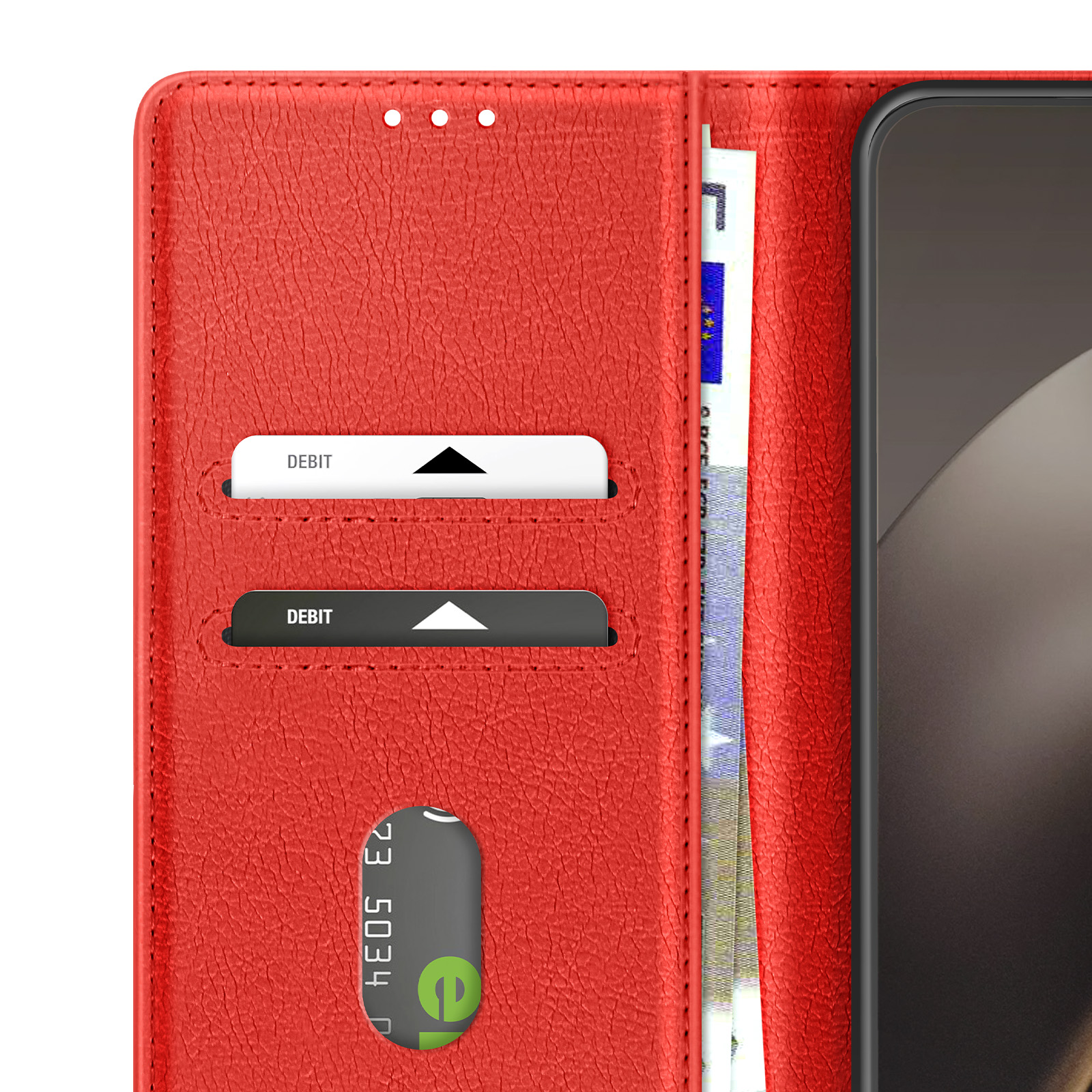 Portafoglio in pelle rosso, carte di debito e uno smartphone. Banconote in euro visibili. Il portafoglio è aperto.