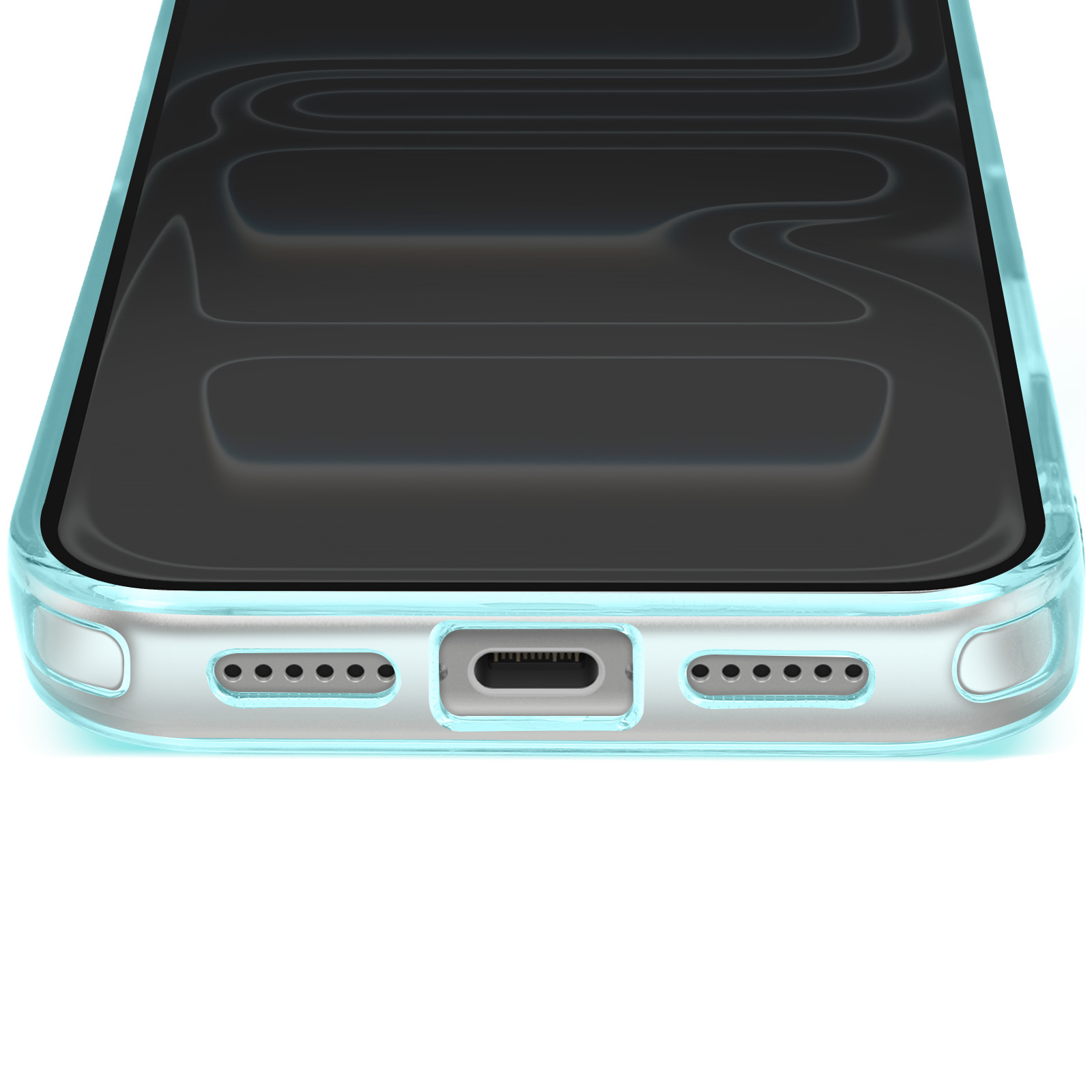 Gros plan d'un téléphone avec une coque de protection. La coque est bleu clair et l'écran noir. Fond blanc.