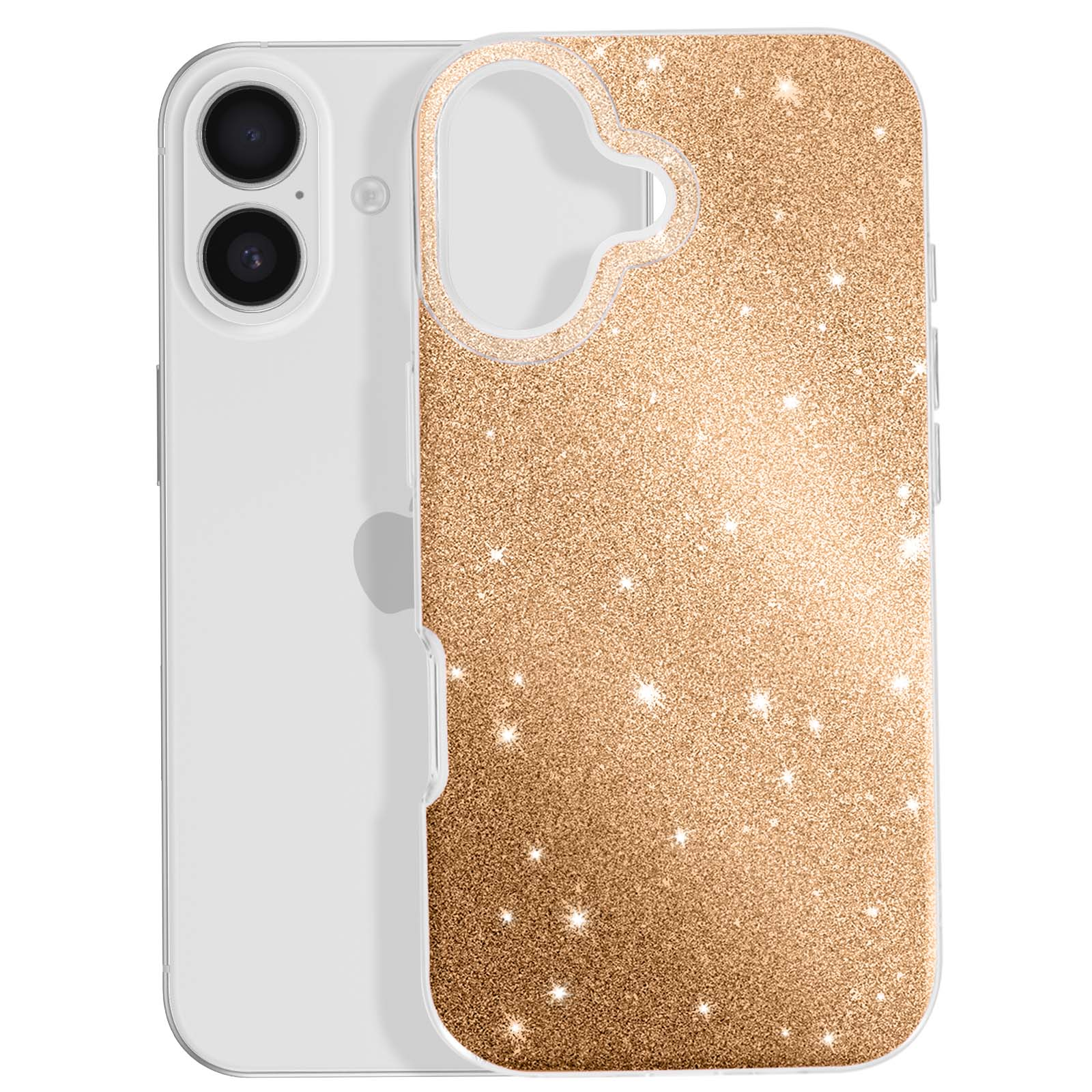 Een heldere iPhone met een sprankelende gouden hoes. De hoes heeft een glinsterende textuur.